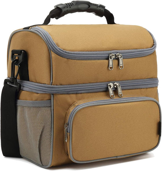 FlowFly Double Layer Cooler Insulated Lunch Bag Adult Lunch Box Large Tote Bag for Men, Women, With Adjustable Strap,Front Pocket and Dual Large Mesh Side Pockets