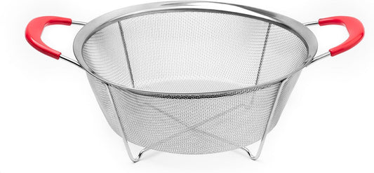 Hercules Chef by Mundial Stainless Steel Colander Strainer with Red Silicone Handles - 9.8"