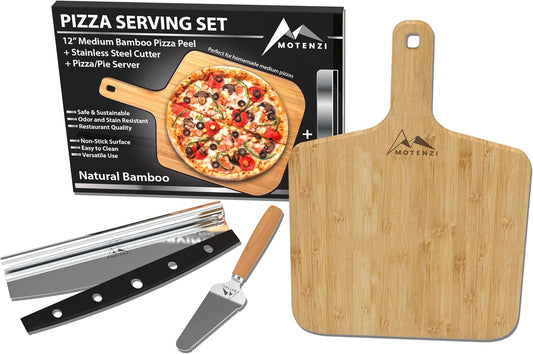 Bamboo Pizza Peel With Cutter and Server, Bamboo Pizza Board Wooden Pizza Paddle Spatula Oven Accessory for Baking Homemade Pizza, Wood Cutting Board for Cheese Bread Fruit Vegetables