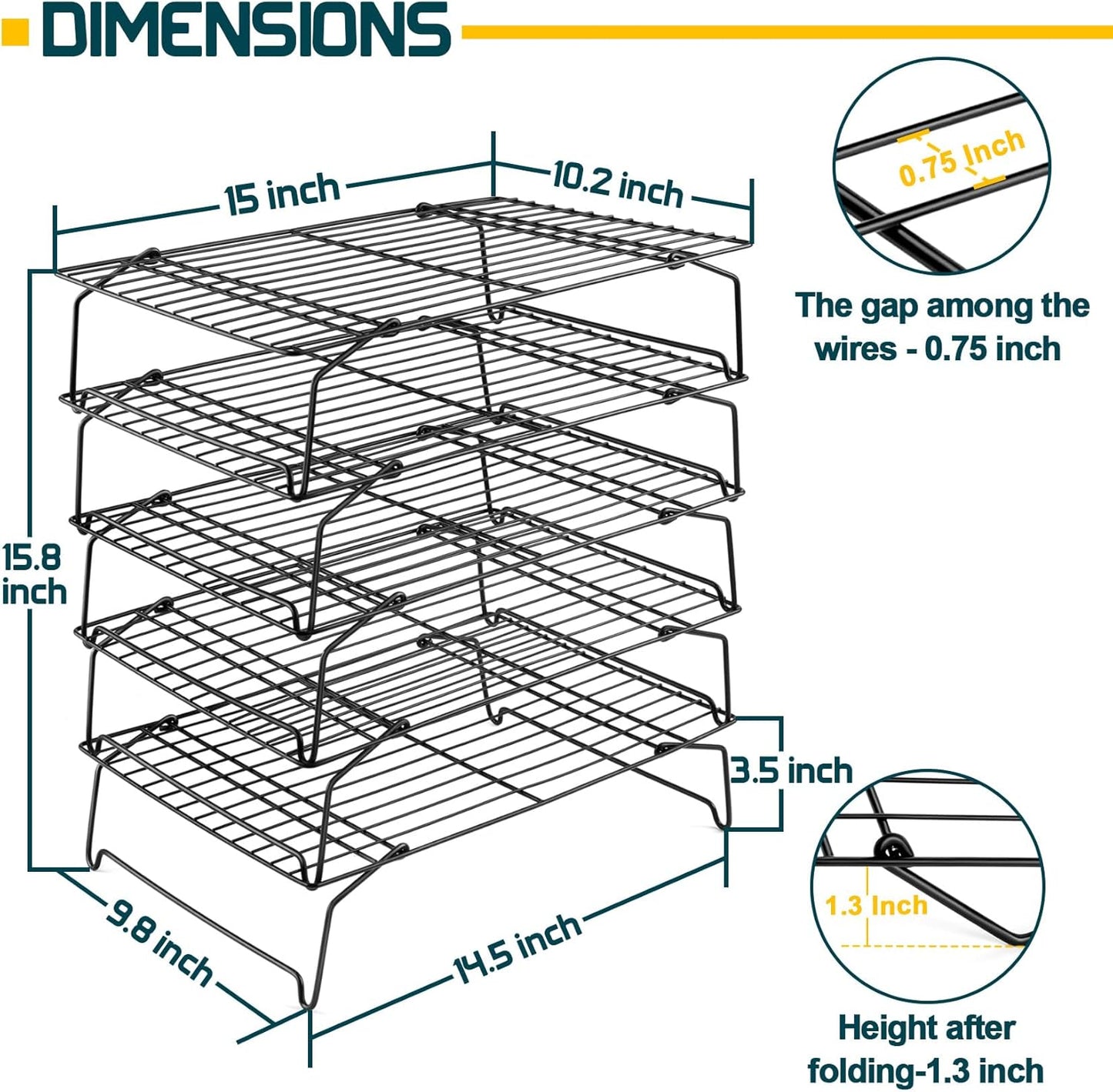 P&P CHEF Cooling Rack, 5-Tier Stainless Steel Stackable Baking Cooking Racks for Cooling Roasting Grilling, Collapsible & Heavy Duty, Oven Safe & Easy Clean, 15" x 10", Black