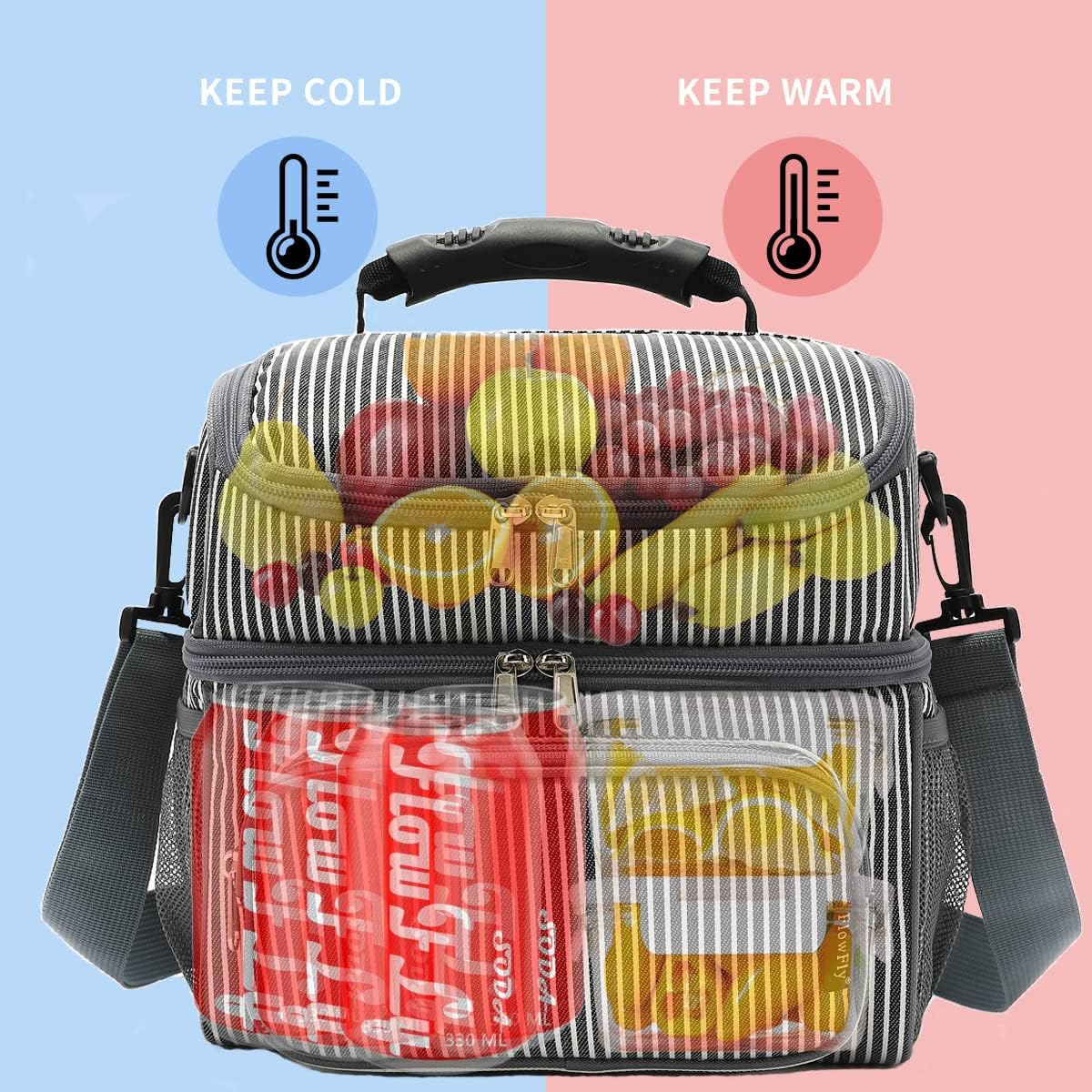 FlowFly Double Layer Cooler Insulated Lunch Bag Adult Lunch Box Large Tote Bag for Men, Women, With Adjustable Strap,Front Pocket and Dual Large Mesh Side Pockets