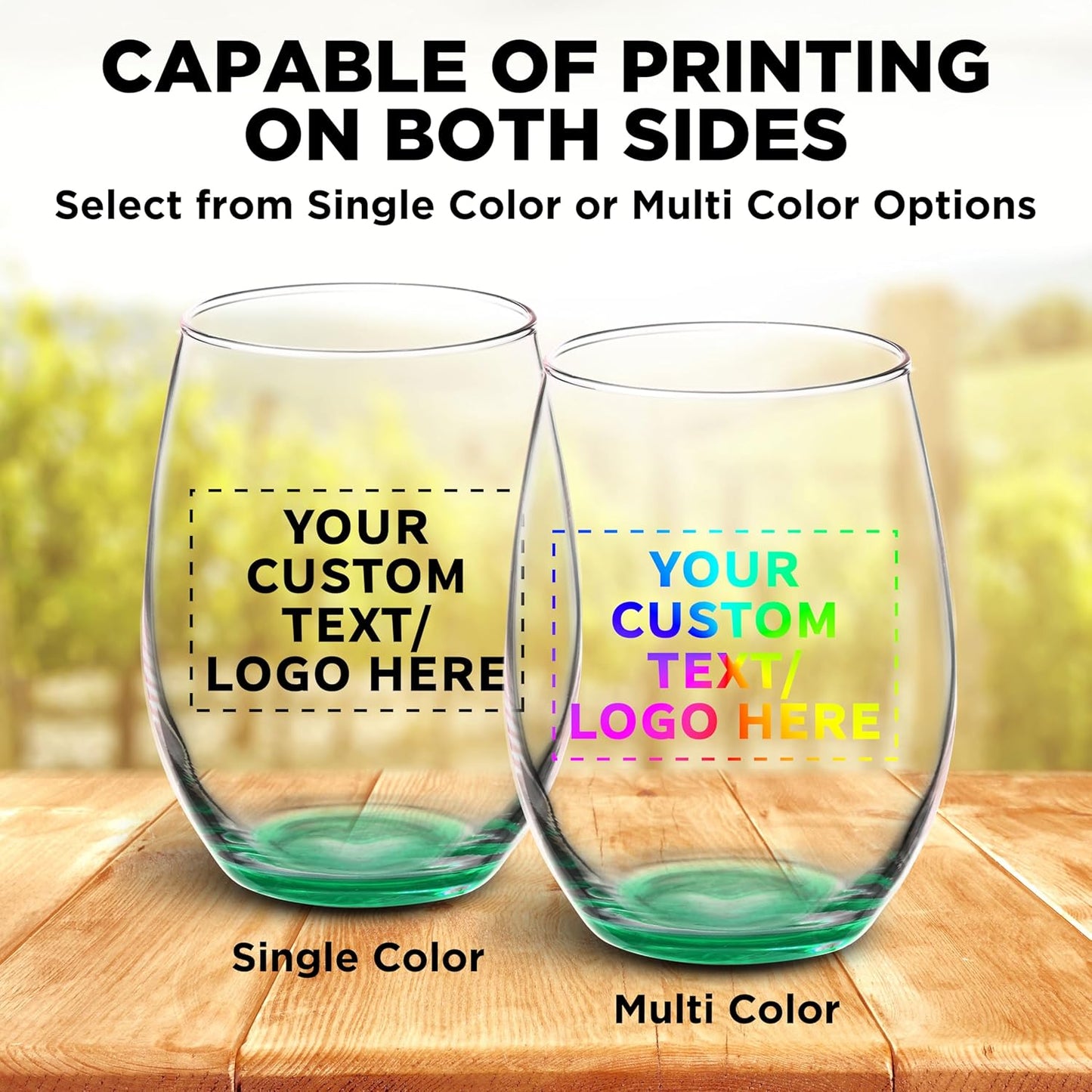 DISCOUNT PROMOS 10 ARC Stemless Wine Glasses Set, 21 oz. - Customizable Text, Logo - Chardonnay, Cabernet, Merlot, Sauvignon - Green