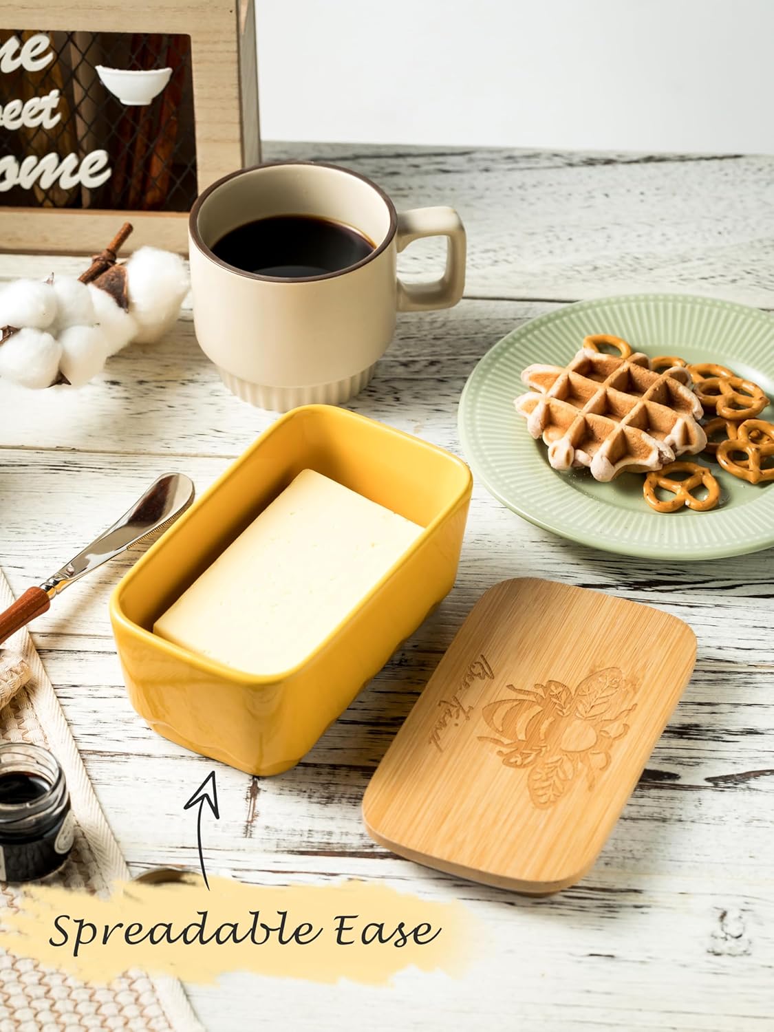 Covered Butter Dish with Lid, Large Butter Dishes for Countertop, Yellow Butter Holder with Airtight Seal Butter Container for East West Coast Butter, HoneyBee Table Decor