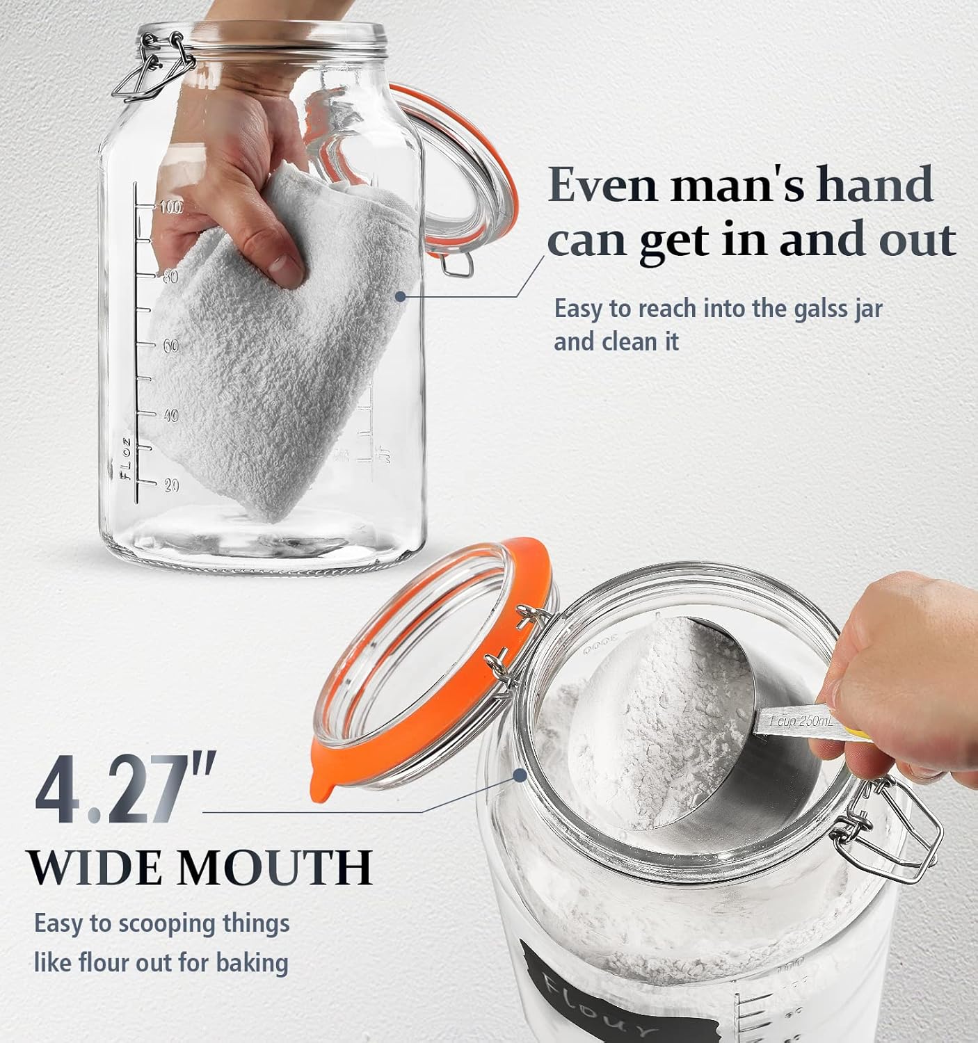 Folinstall Super Wide Mouth Glass Storage Jar with Airtight Lids, 1 Gallon Large Mason Jars with 2 Measurement Marks, Large Capacity for Pickle Jar, Overnight Oats