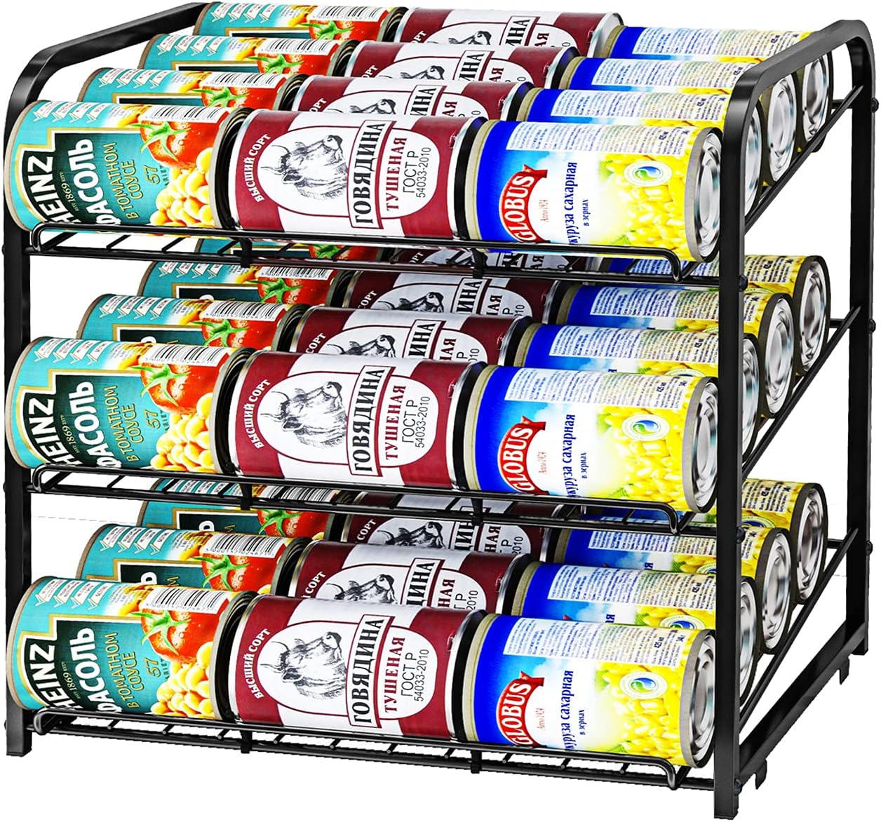 AIYAKA Can Rack Organizer, 3 Tier Stackable Can Storage Dispenser–12.2" D x 16.6" W x 14.5" H,for Food Storage, Kitchen or Pantry, Storage for 36 Cans, Black