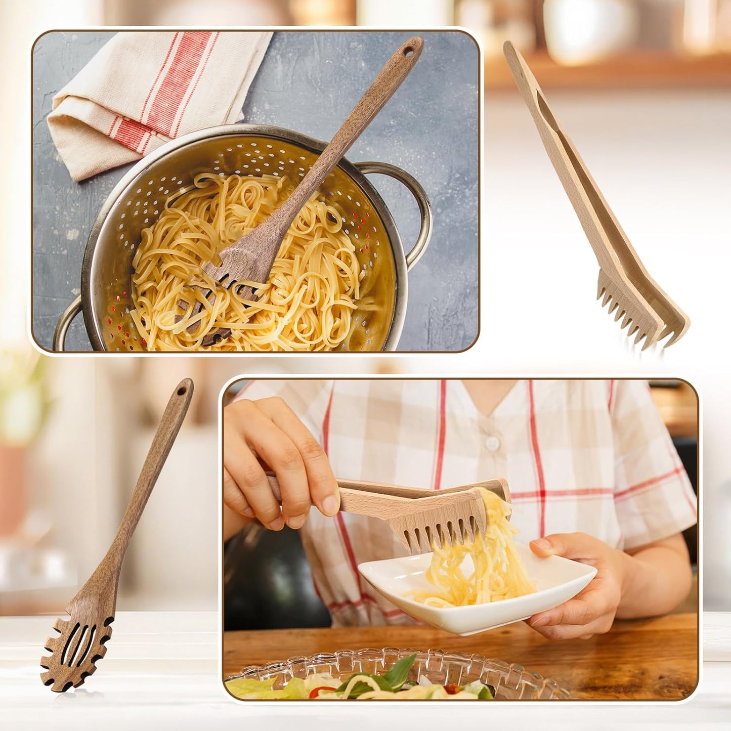 Baderke 2 Pcs Wooden Pasta Spoon with Teeth Large Spaghetti Spoon Utensil, 9.4'' Pasta Tong and 13'' Pasta Fork with Handle, Comfortable Grip Design Server Spoons for Kitchen Spaghetti Noodle