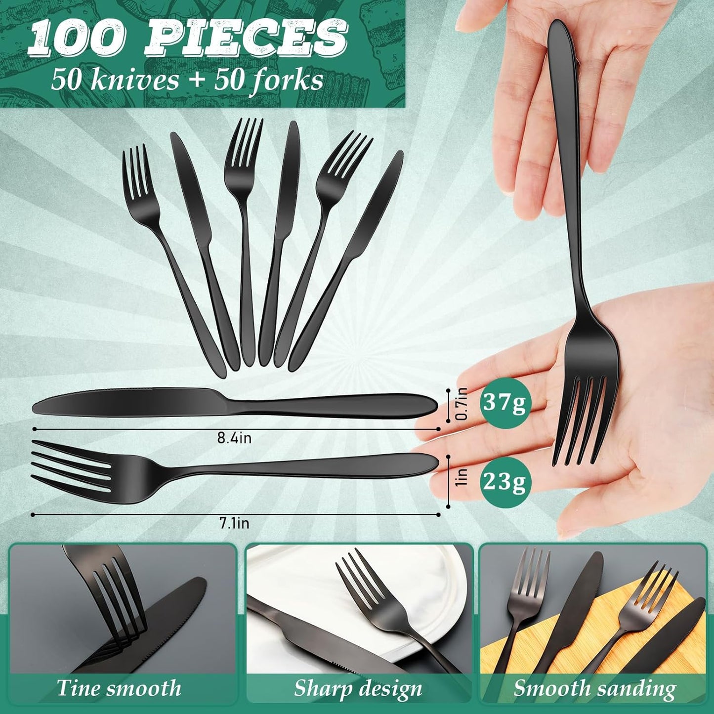 Nuenen 100 Pieces Stainless Steel forks and knives Dinner Flatware Set Tableware Cutlery for Butter Kitchen Restaurant, Dishwasher Safe(Black,8.4 Inches, 7.1 Inches)