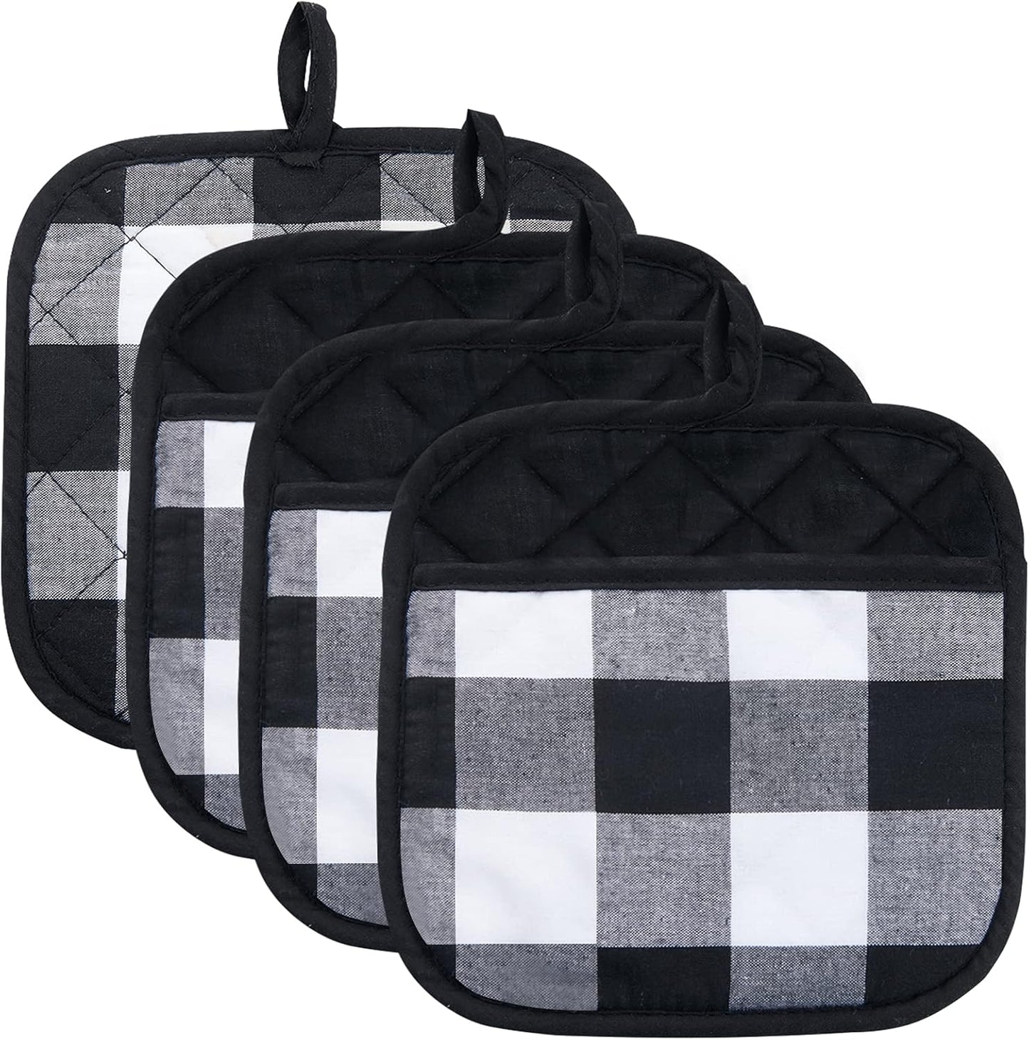 Joyhalo 4 Pack Pot Holders for Kitchen,Cotton Oven Holder with Great Heat Resistance,Non Slip Hot Pads for Kitchen Clearance,Black and White
