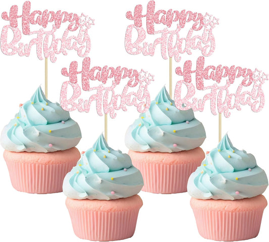 Ephlyn 24Pcs Pink Light Pink Happy Birthday Cupcake Toppers for Baby Shower, Kids Boys Girls Birthday Anniversary Party Cake Decorations