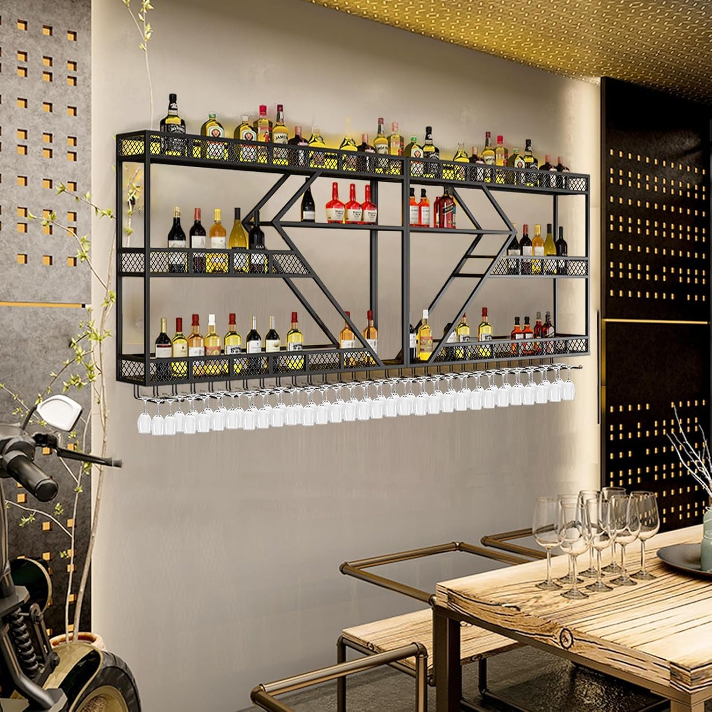 78.7in Metal Wine Rack Wall Mounted, Modern Wine Storage Rack Wall Mounted with Wine Glass Holder, Liquor Shelf, Bar Shelves for Liquor Bottles (3TIERS Black, 78.7 * 7.87 * 33.85INCH)