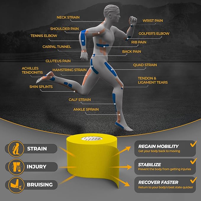 Kinesiology Tape-Incredible Support for Athletic Sports and Recovery+Free Taping Guide-Uncut 2 inch 16.4 feet Roll (Sunny Yellow + Free Taping Guide, Pack of 1)