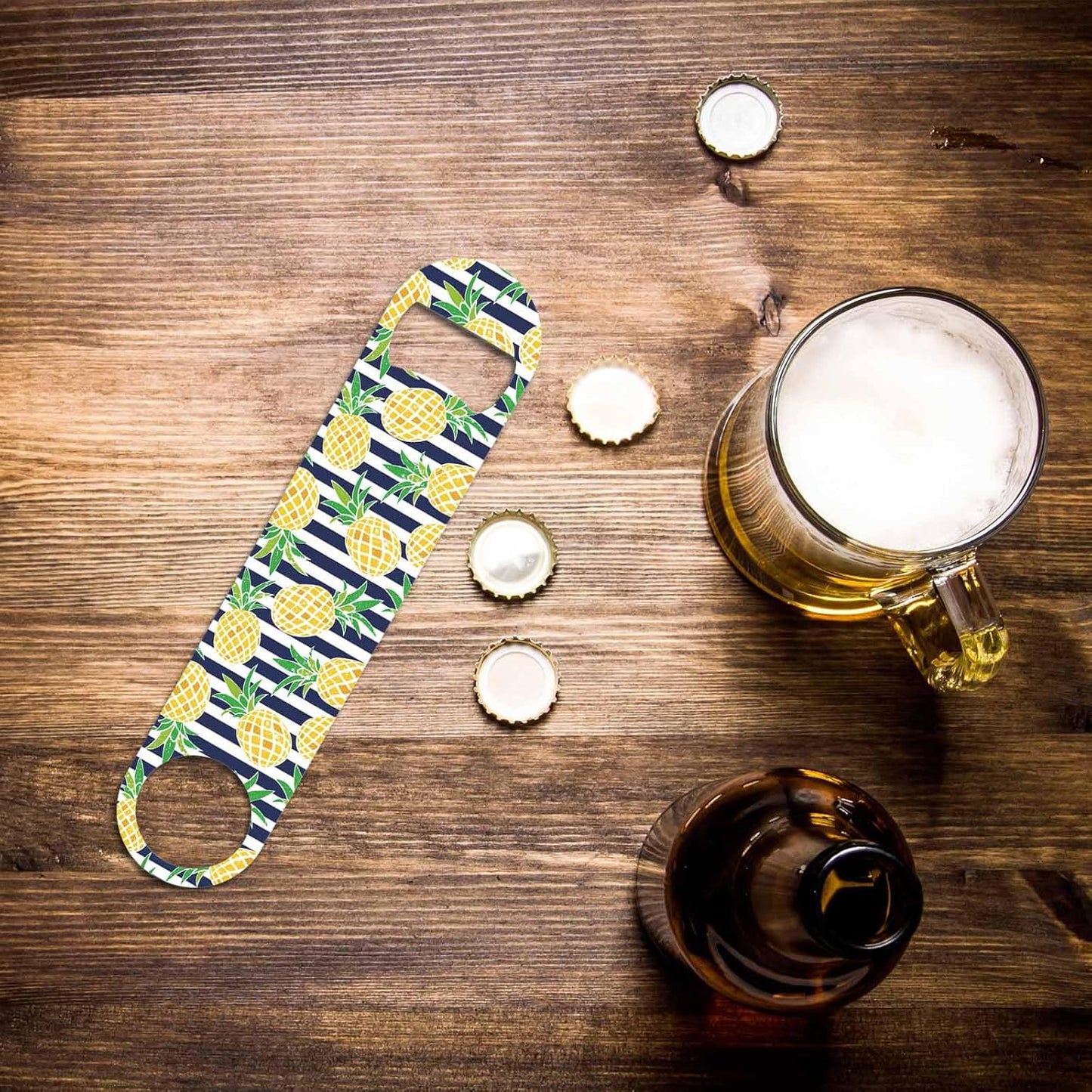 Pineapple Stainless Steel Bottle Opener Summer Beach Pineapple Stripes Blue Yellow Green Flat Beer Bottle Opener Keychain for Home Kitchen Bar Restaurant Party Birthday Gift