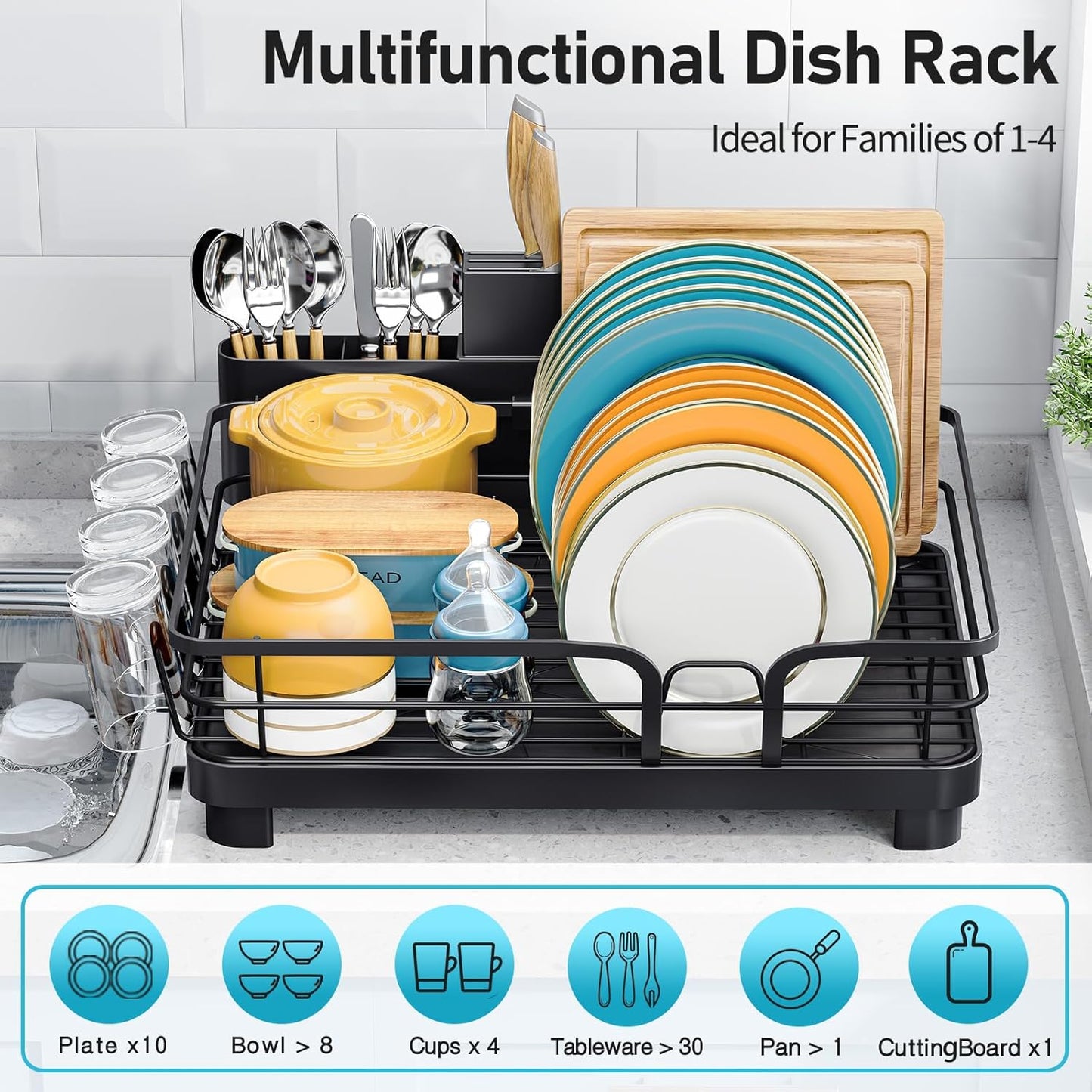 Dish Drying Rack for Kitchen Counter, Multifunctional Dish Drainer Rack, Kitchen Dish Rack, Sink Dishes Strainer, Plate Rack with Drain Board, Cup Holder, and Cutlery Holder,Medium Size Black