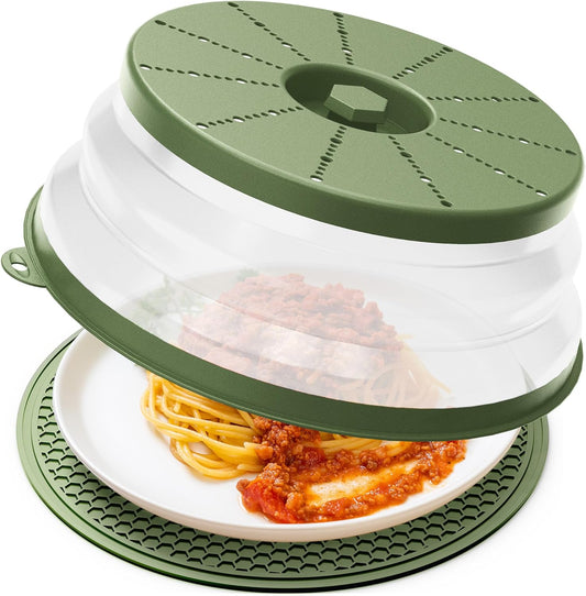 WVM Microwave Splatter Cover & Mat, Vented Collapsible Splatter Guard dish Plate lid & Silicone Round Kitchen Mat for Food, Meal Prep, Green