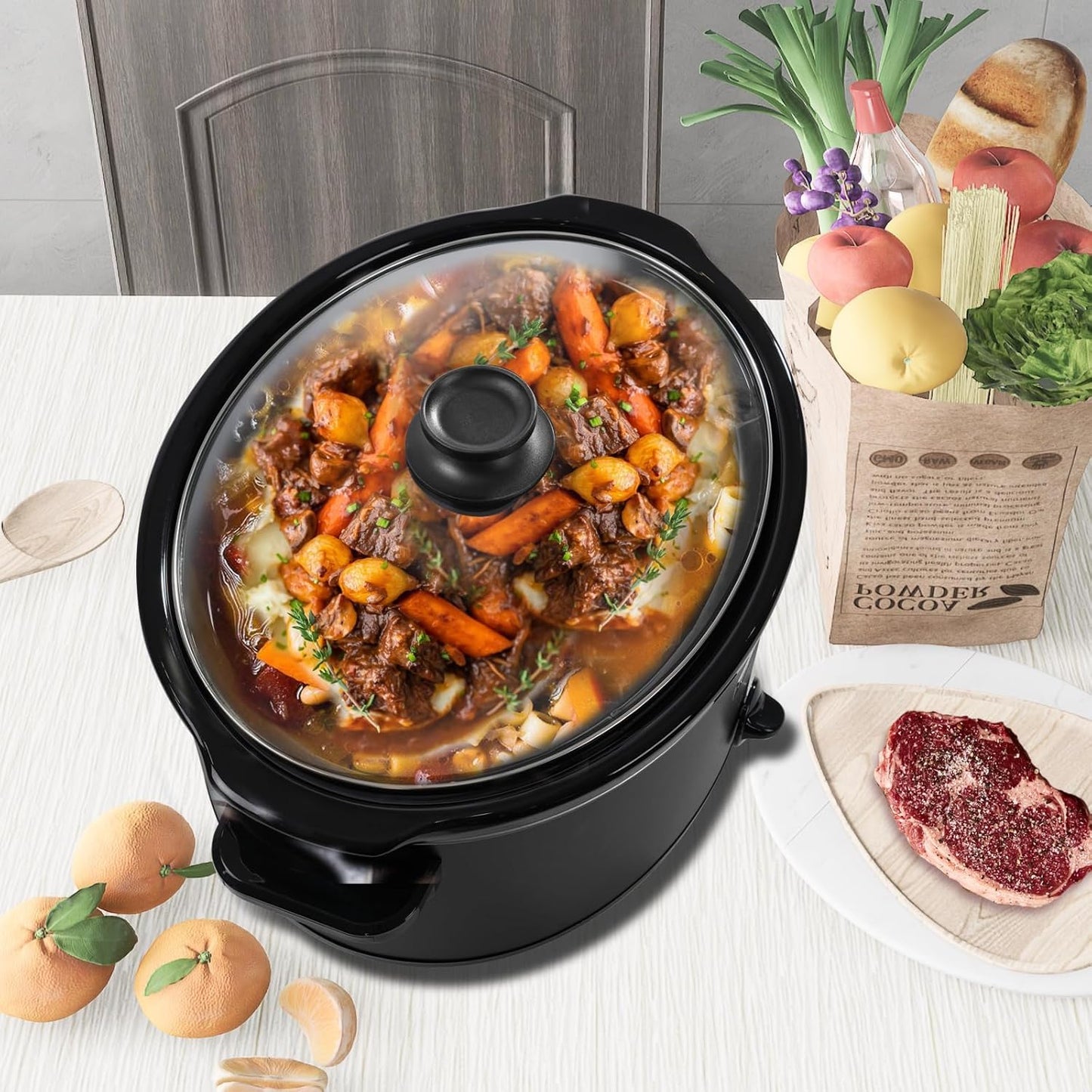 HOMECOOKIN 8 Quart Slow Cooker Oval Manual Pot Food Warmer with 3 Cooking Settings, Black Stainless Steel
