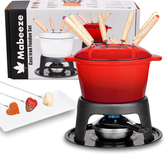 Mabeeze Cast Iron Fondue Pot Set for Cheese, Chocolate or Meat - Red Enameled 1.6 Qt Pot - Includes 6 Fondue Forks