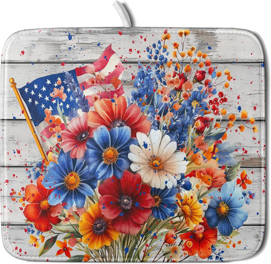 4th of July Dish Drying Mat 16x18 inch Patriotic Floral Fast Dry Microfiber Reversible Dish Drainer Rack Pad Kitchen Counter Accessories
