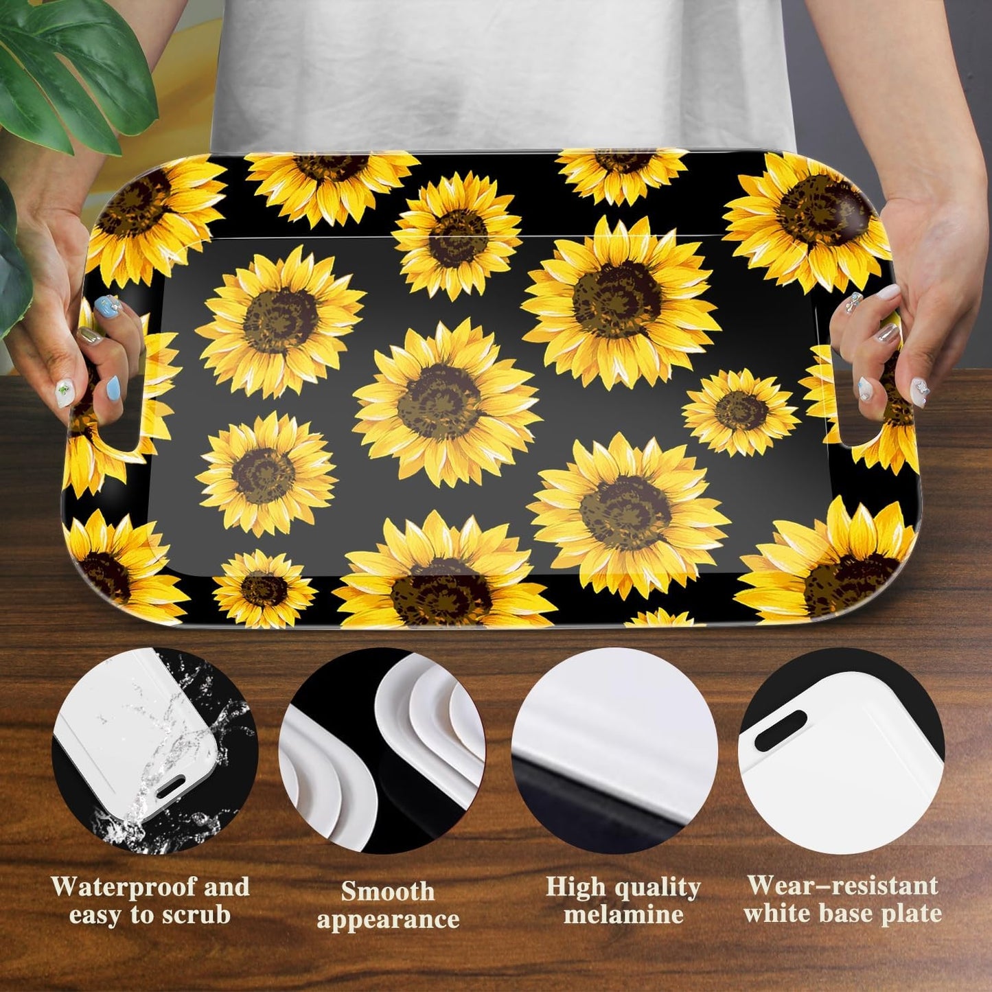 Serving Trays with Handles, 14.5 x 9.8 inch Rectangular Plastic Tray for Restaurant, Kitchen, Sunflower Black Background