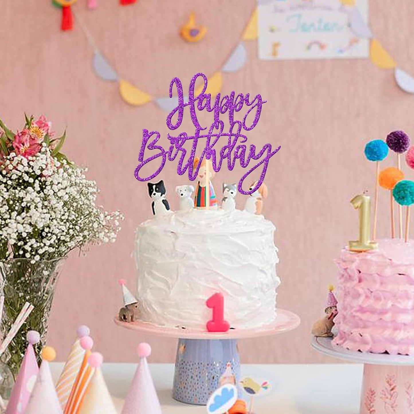 ZHUOWEISM 1 PCS Happy Birthday Cake Topper Glitter Happy Birthday Cake Pick for Celebrating Happy Birthday Anniversary Theme Party Cake Decorations Supplies Purple