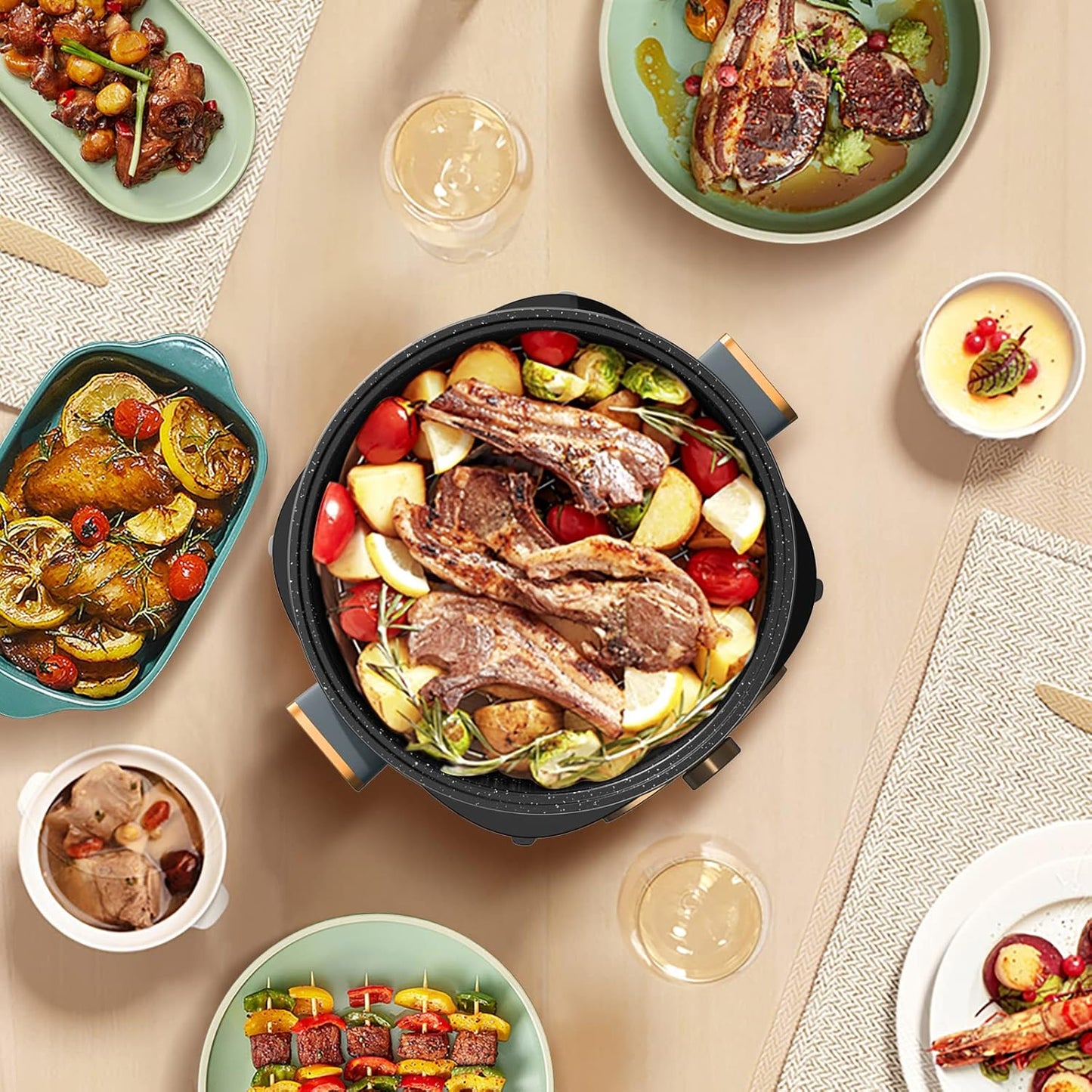 Dezin Electric Shabu Shabu Pot with Removable Pot, 5L Non-Stick Hot Pot Electric with Multi-Power Control, 3.7" Depth Electric Pot with Tempered Glass Lid for Party, Family and Friend Gathering