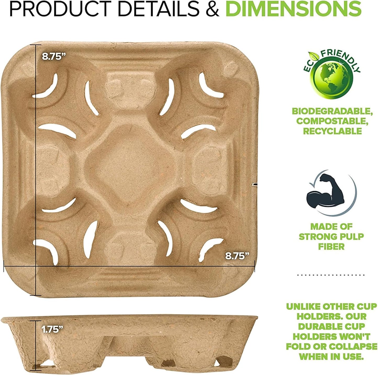 4 Cup Disposable Coffee Tray (25 Count) - Commercially Compostable Cup Holder - Durable Drink Carrier for Hot or Cold Drinks, Uber Eats - to Go Coffee Cup Holder for Food Delivery Service