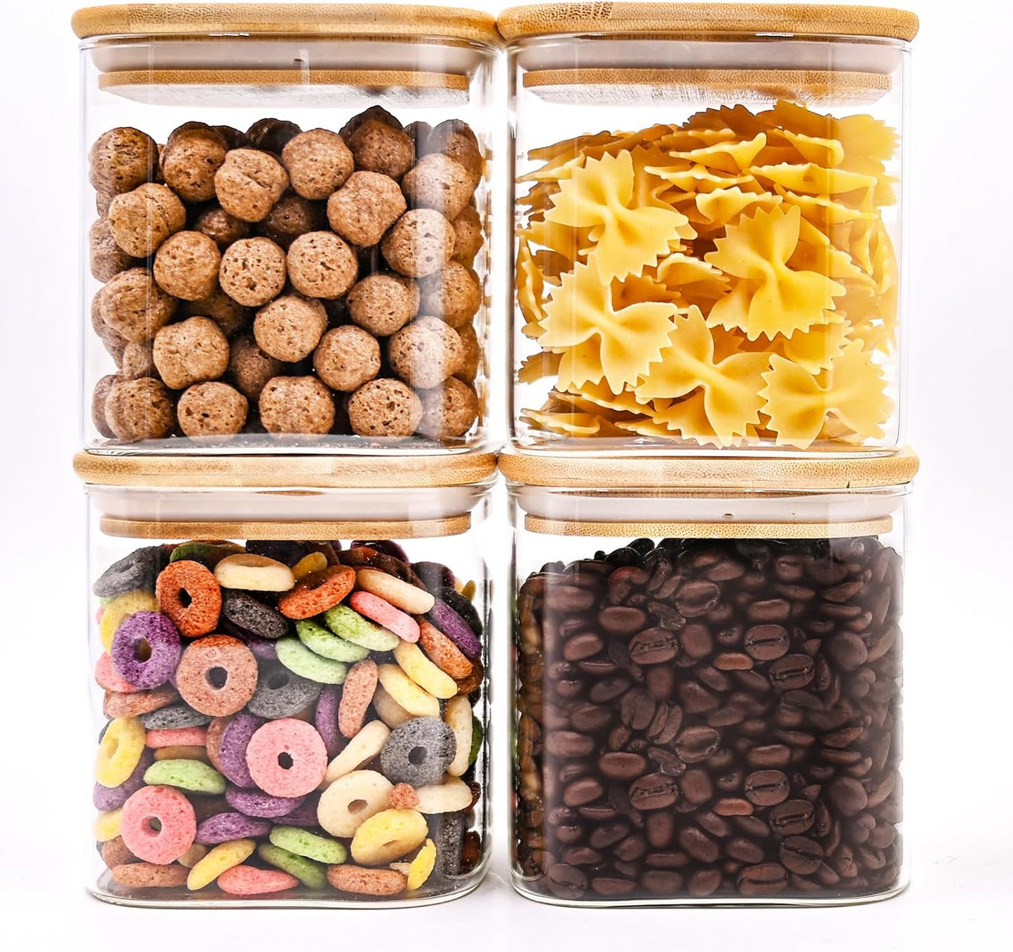 Glass Food Storage Jars Square 24oz, 4 Pack Glass Jars With Bamboo Lids, Kitchen Storage Containers For Spice, Candy, Cookie, Storage For Pantry Organizers