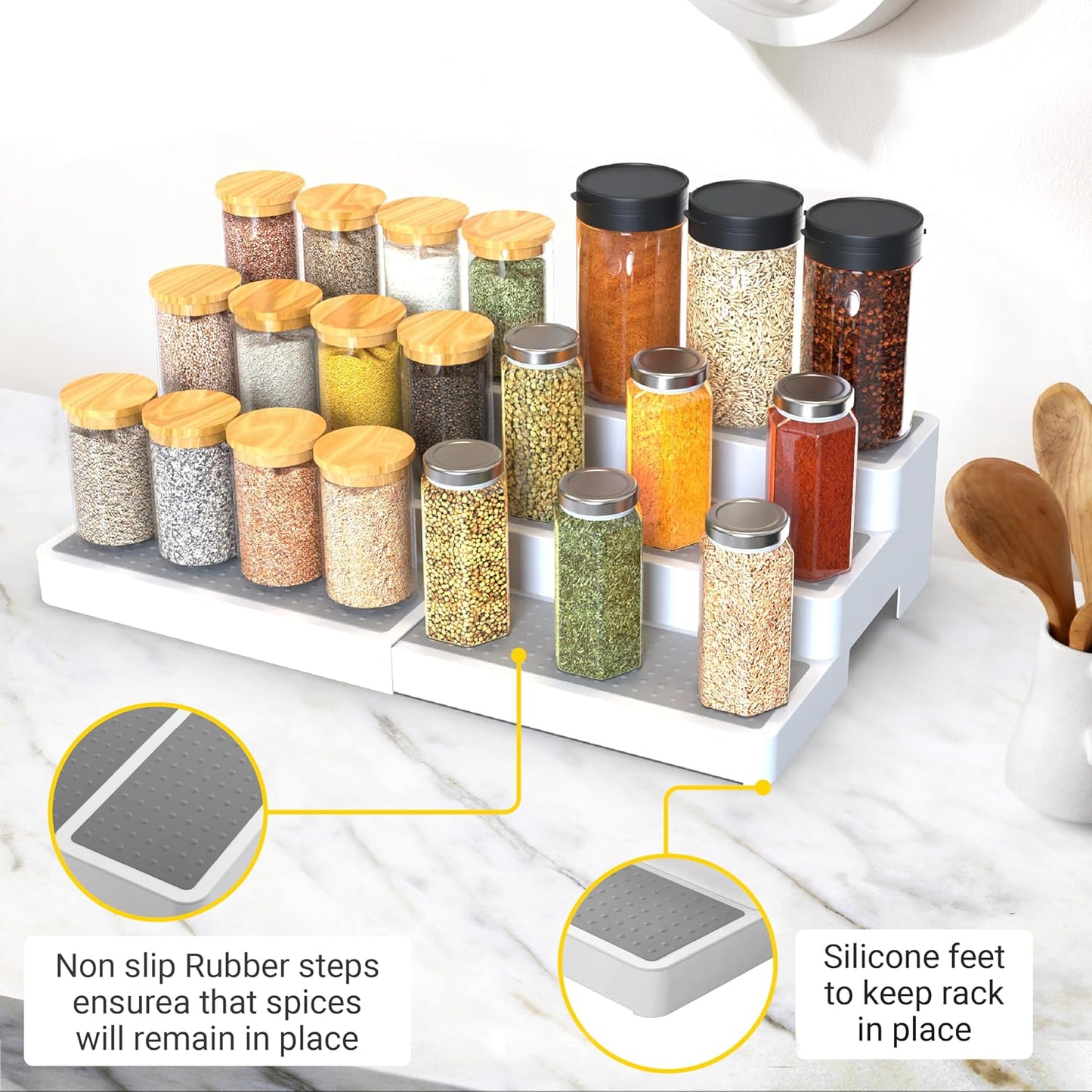 YAN & HIN Pack of 2, 3-Tier Spice Racks, Expandable and Non-Skid, Ideal as Medicine Cabinet Organizers, Kitchen Shelf Pantry Organizer, and Seasoning Organizer, Canned Food Organizer