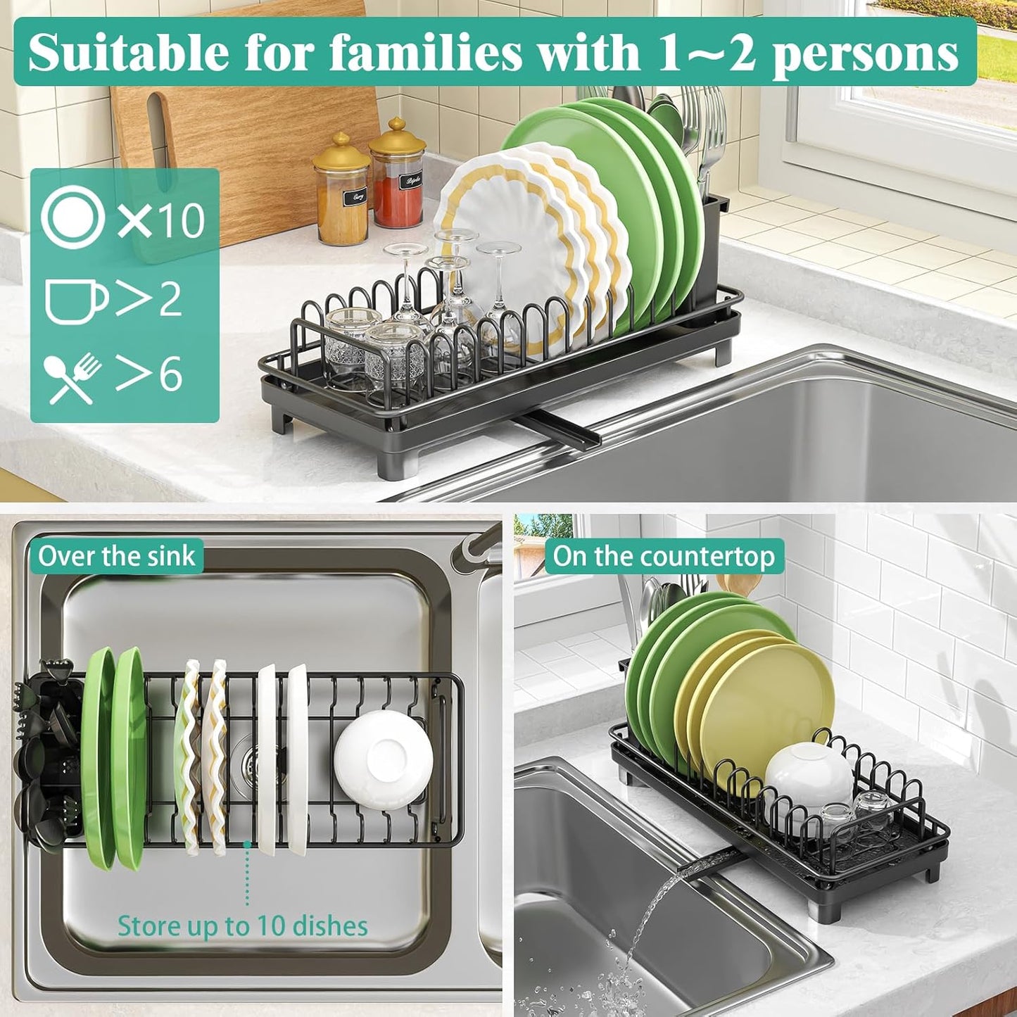 Giwil Small Dish Drying Rack, Compact Dish Rack with Drainboard for Kitchen Counter, Multifunctional Rustproof Dish Drainer Plate Organizer Used Over Sink & on Countertop, Black