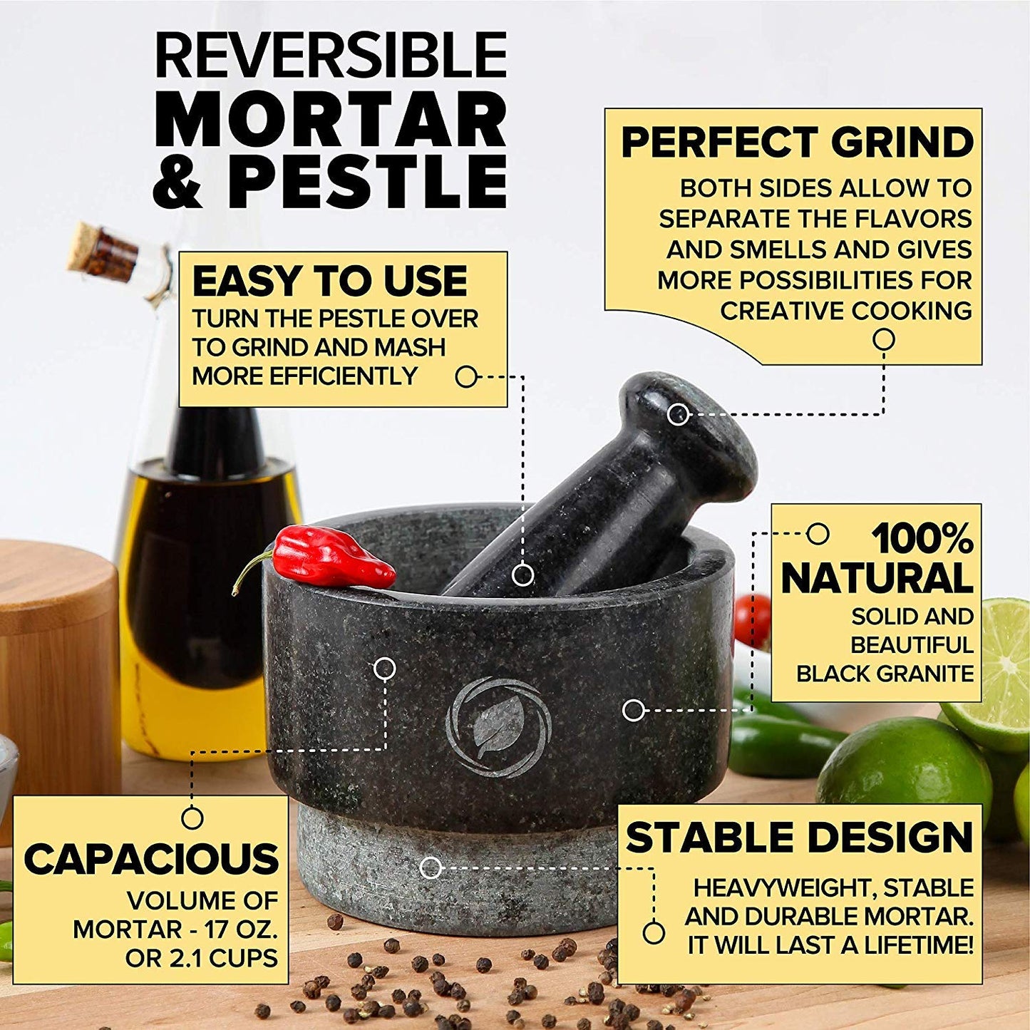 Laevo Mortar and Pestle Large Set - Black Granite Stone Spice Grinder, 2.1 Cup Capacity, 5.5 Inches - Reversible Molcajete Mexicano - Guacamole, Spices - Large Mortar and Pestles Set