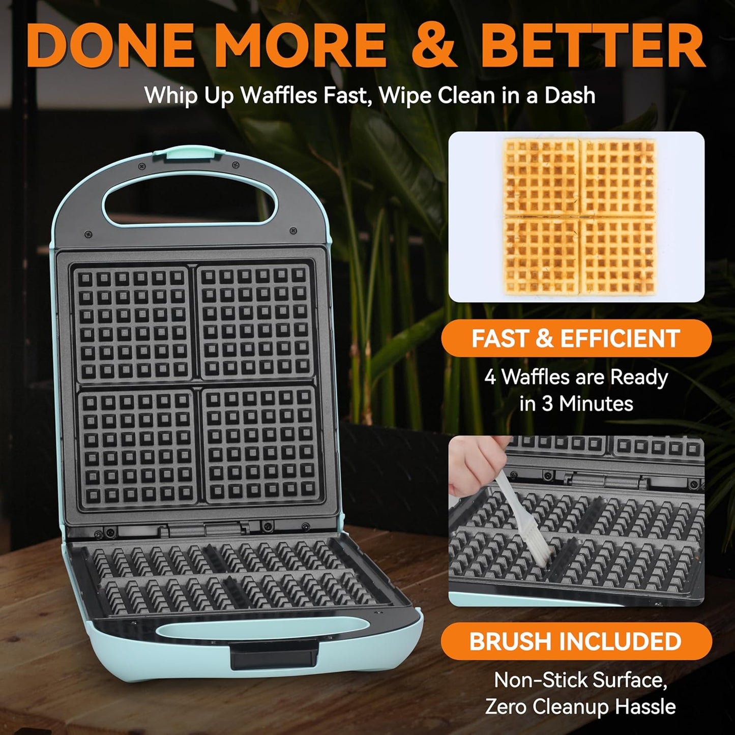 Baker’s Friend Belgian Waffle Maker, Square Waffle Iron, Waflera Electrica, Non Stick Cooking Plate, Classic & Multi Waffle Makers, 4-Slice, Aqua