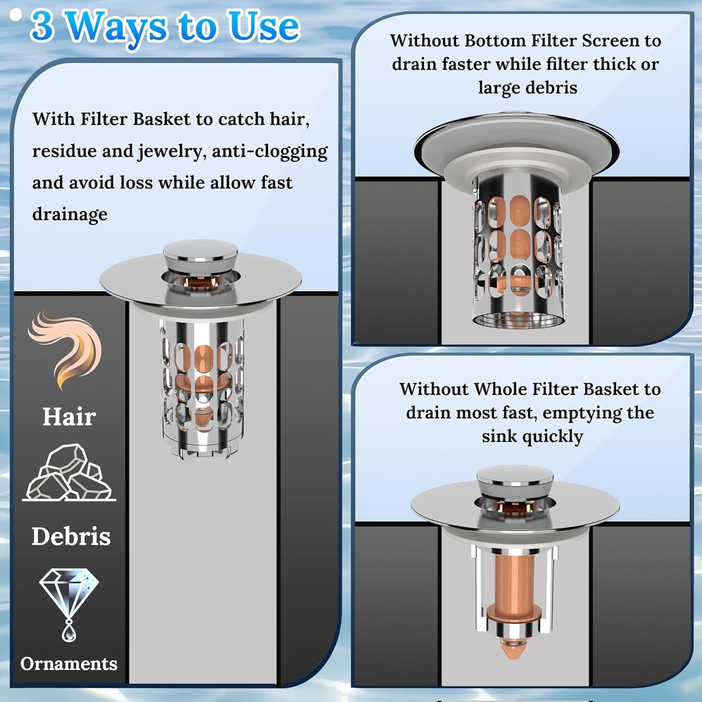 3 in 1 Bathroom Sink Drain Strainer,Universal Pop Up Bathroom Sink Stopper Hair Catcher,with Filter Basket Sealing Ring for Anti-Clogging Odor-Proof,Easy Install Drain Catcher for 1.06”~1.61” Hole