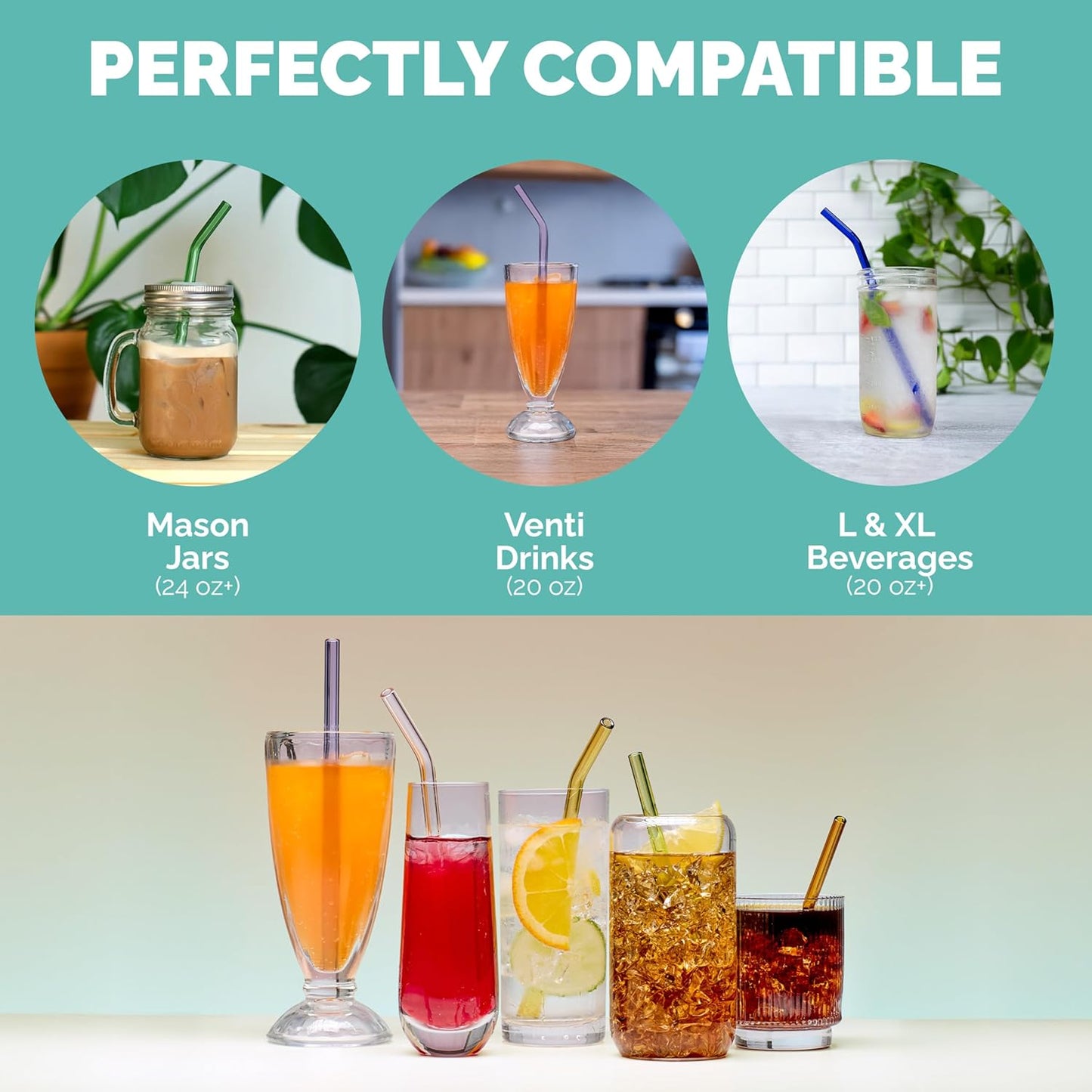 Simply Straws 10 Inch Glass Straws Bent (6-Pack) – Reusable Glass Straws for 24 Oz Mason Jars & Tumblers, with Cleaning Brush – Durable, Dishwasher Safe, Hot & Cold Use, BPA-Free (Iridium)