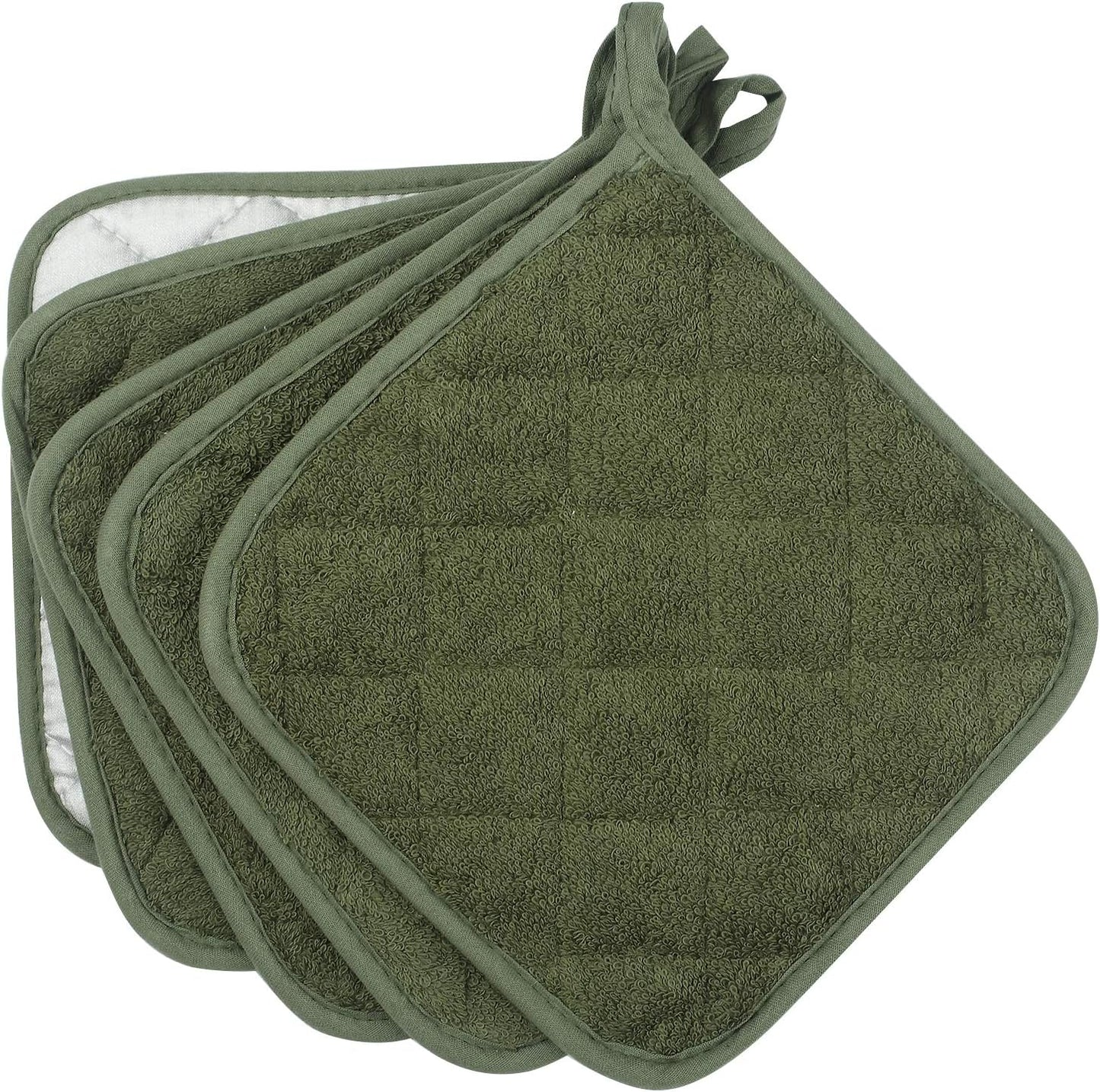 100% Cotton Kitchen Everyday Basic Terry Pot Holder Heat Resistant Coaster Potholder for Cooking and Baking Set of 5 Olive Green
