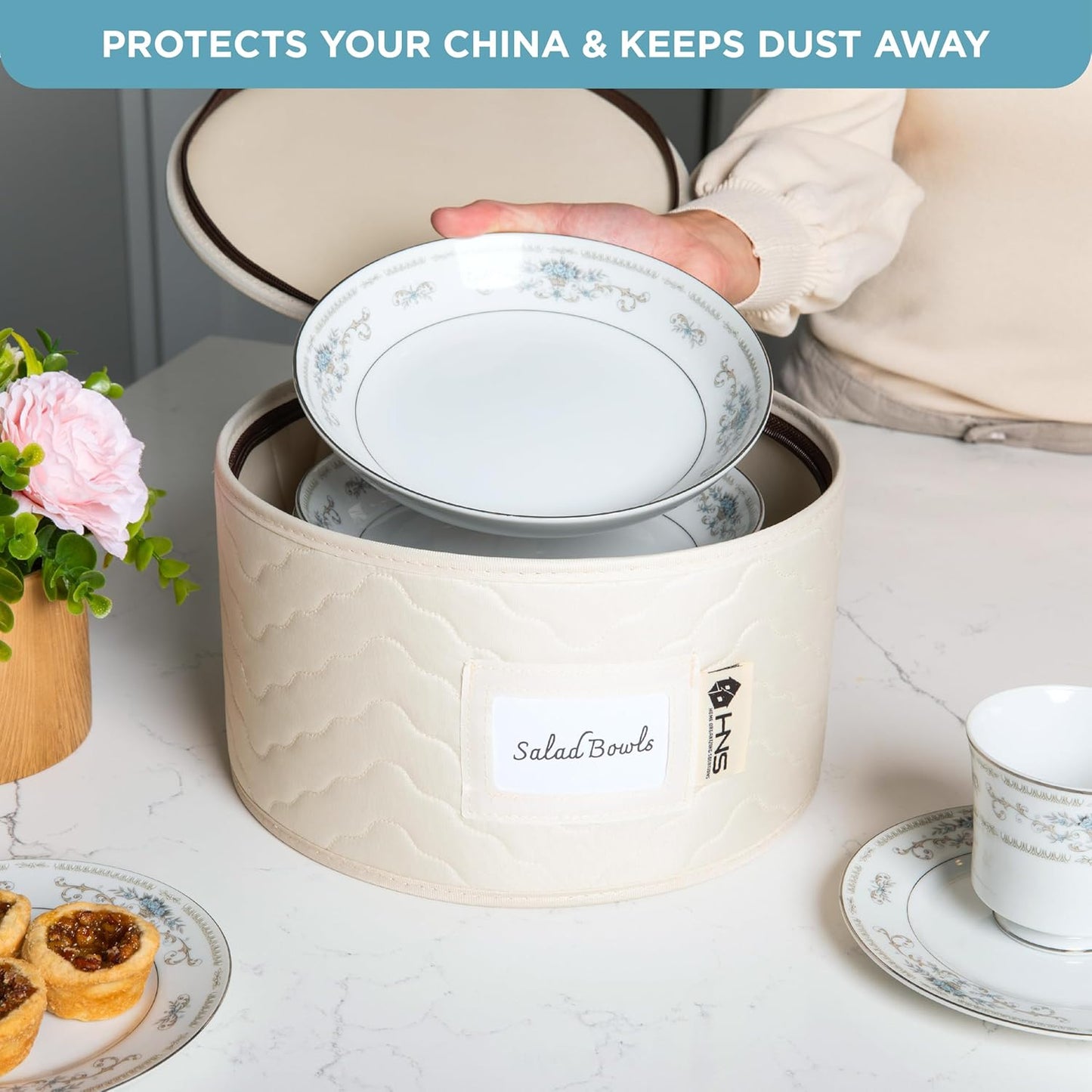 Hard Shell China Storage Containers 8-Piece Set Moving Boxes for Dinnerware, Glasses, Plates, Mugs and Saucers Sturdy Dish Organizer with Dividers for Seasonal Storage - Service for 12 - Beige Quilted