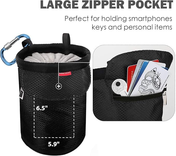 Rhino Valley Climbing Chalk Bag, No Leak Drawstring Chalk Bag with Adjustable Belt, Carabiner Clip and Zippered Pockets Chalk Bag for Climbing, Cross Fit, Weight Lifting & More