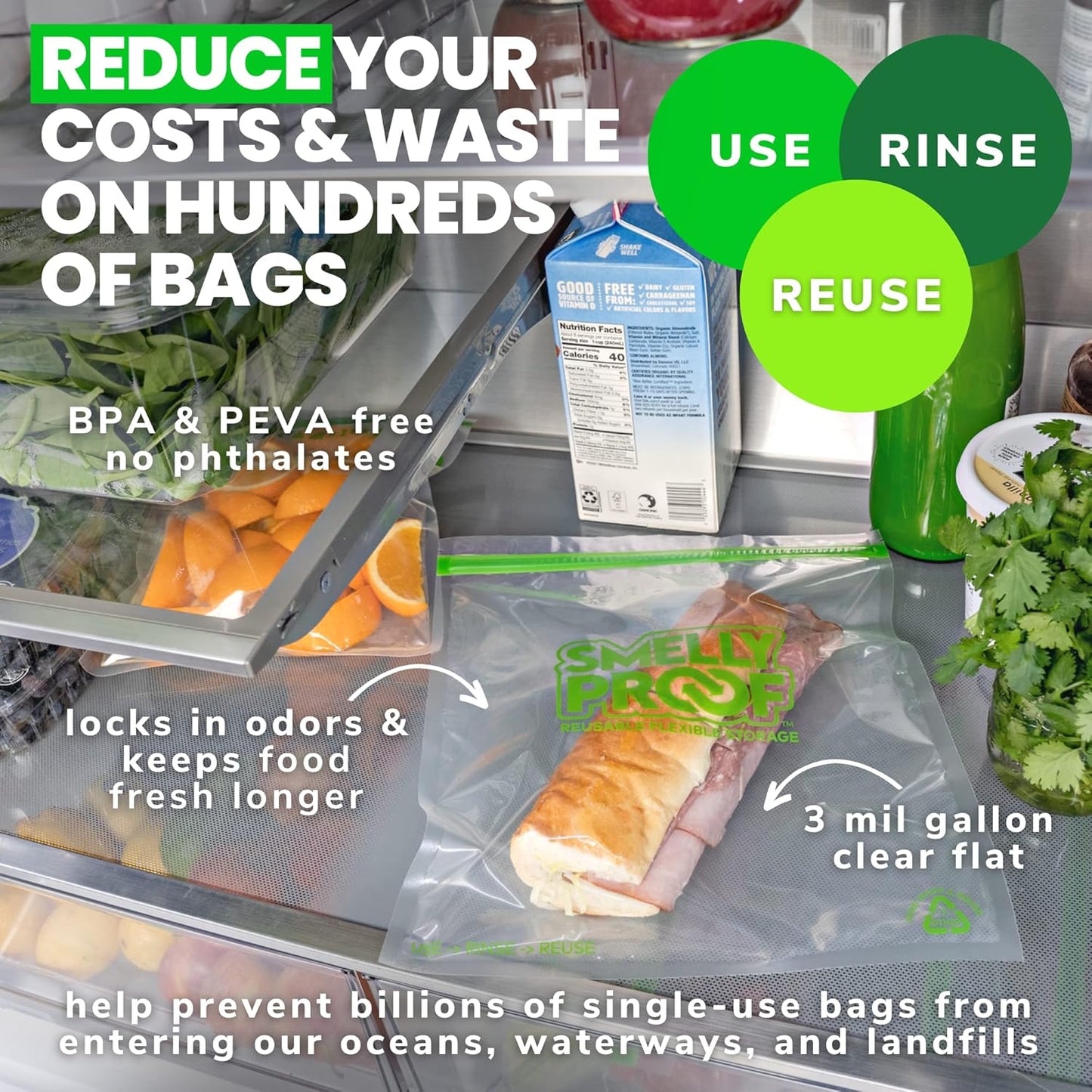 Reusable Storage Bags for Food by Smelly Proof Bags - MADE IN USA, Easy Clean, Dishwasher-Safe, BPA FREE, NO PEVA, XL 3-mil Thick Bags, Extra Large Clear FLAT 10.5" x 12" GALLON 10-Pack