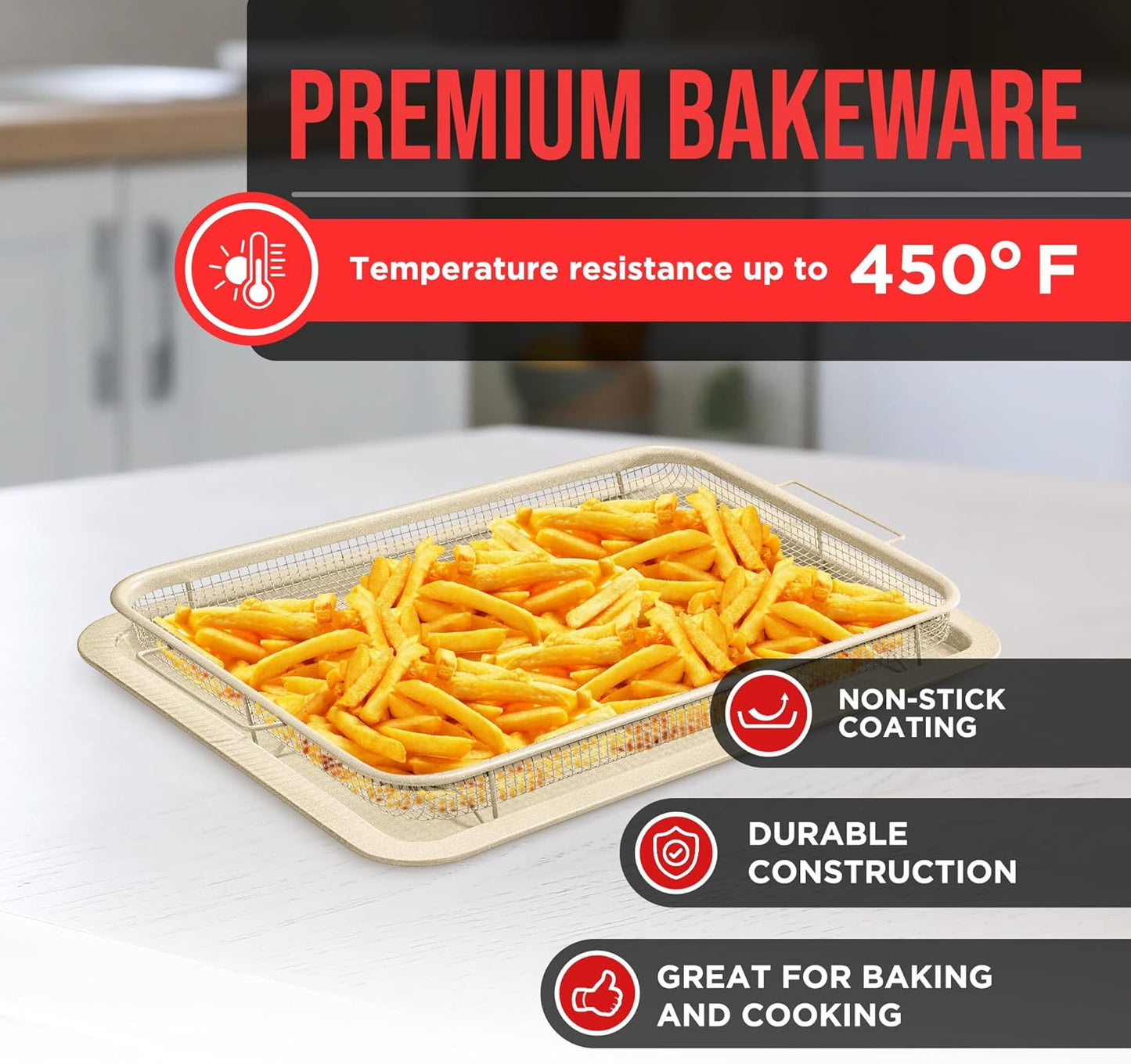 Bakken-Swiss Crisper Tray White marble Coating - 2-Piece Set, Non-Stick Basket Design for Healthier Cooking in Regular Ovens - Make Great Crispy Food, Bacon and More, Extra Large Size 19" x 13"