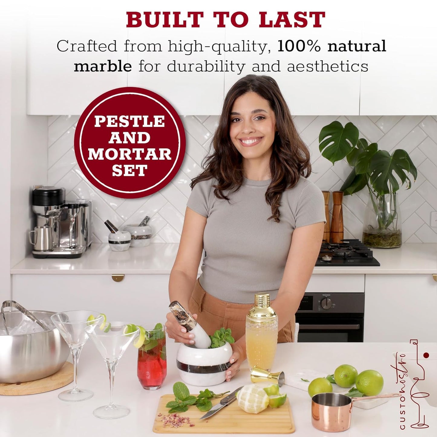 Gusto Nostro Natural Marble Mortar and Pestle Set | 6 Inch - 3.5 Cup Extra Large Mortar Pestle Set for Grinding Herbs, Nuts, Grains | Pesto Grinding and Guacamole Stone Bowl | Marble Spice Crusher