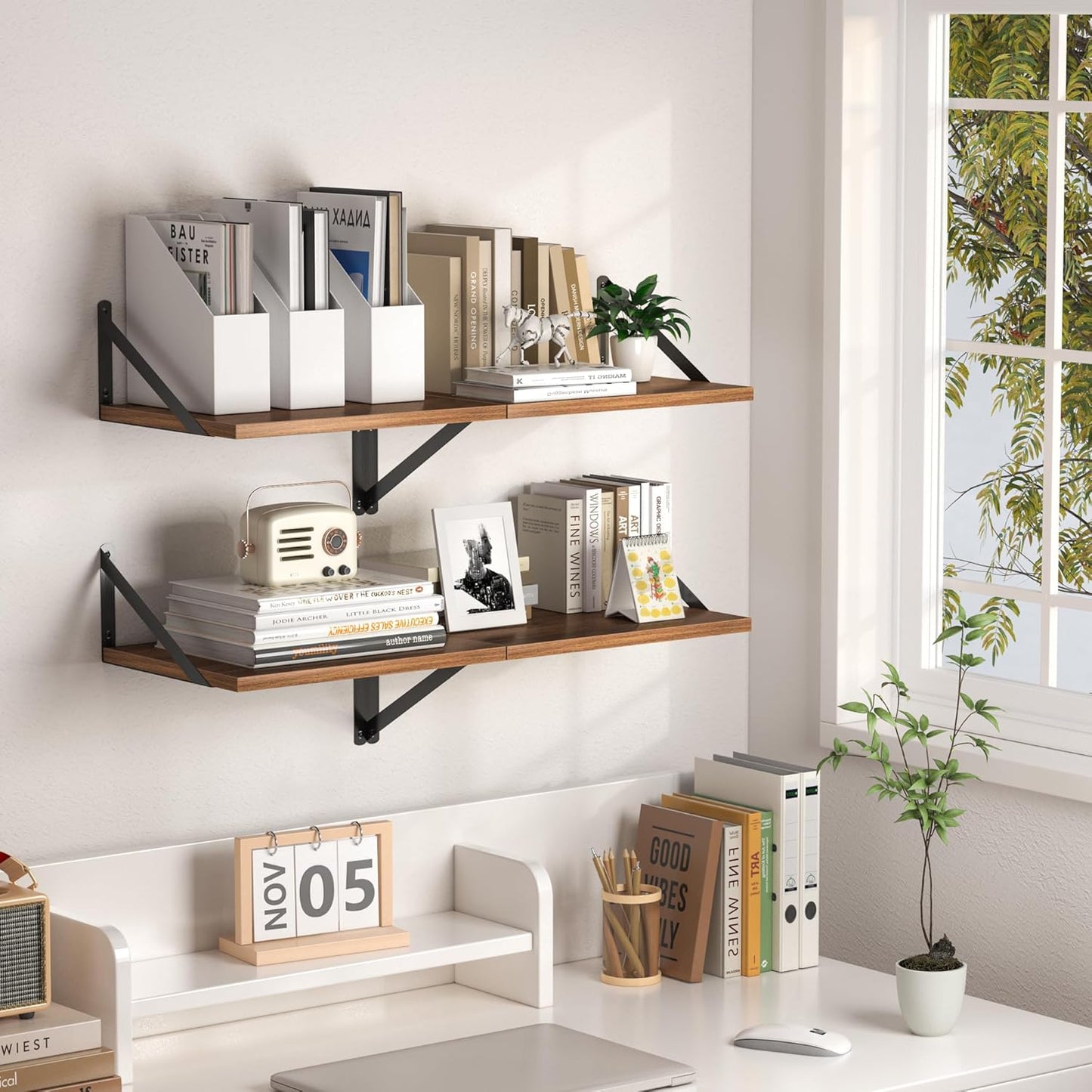 Heimlove 12 Inch Deep Floating Shelves for Wall, 16W x 12D Wood Wall Shelves Set of 2, Walnut Wide Floating Bookshelf for Living Room, Kitchen, Office, Bedroom, with Black Metal Bracke - Walnut