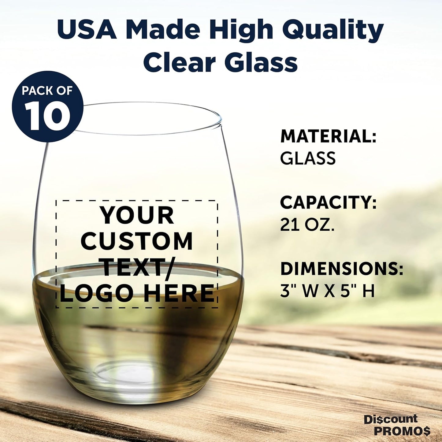 DISCOUNT PROMOS 10 ARC Stemless Wine Glasses Set, 21 oz. - Customizable Text, Logo - Chardonnay, Cabernet, Merlot, Sauvignon - Clear