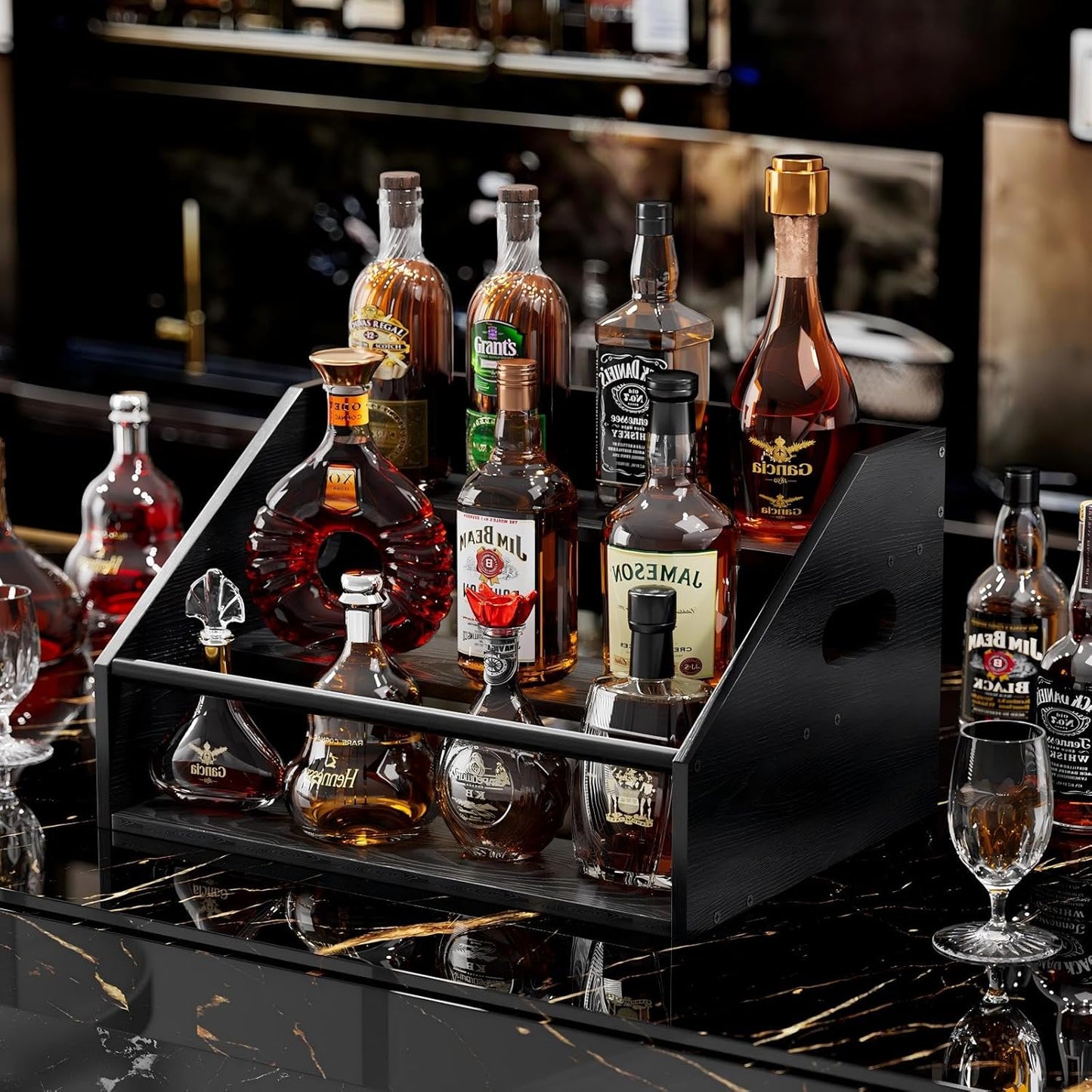 2Pack 3 Tier Wood Liquor Bottle Display Shelf, Coffee Syrup Organizer Rack, Wine Racks Countertop, Bar Shelf for Vodka Tequila Whiskey, Liquor Cabinet for Home Decor, Mini Bar, Black Bar Organizer