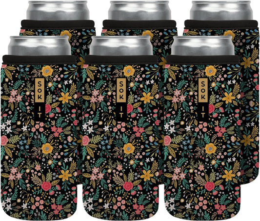Sok It CanSok 6 Pack Sleeve for Beer & Soda Insulated Neoprene Cover (English Garden Picnic, 12oz Slim Can Sleeve - 6 Pack)