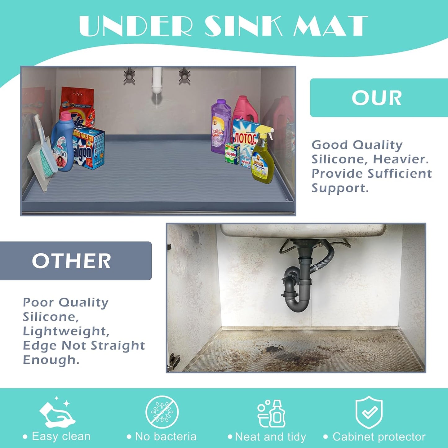 URMONA Waterproof Silicone Under Sink Mat 25'' x 22'' Shelf Liner for Kitchen and Bathroom, Cabinet and Counter Protector, Storage and Organizers, Litter Mat, Pet Cat Puppy Essentials(Dark Grey)