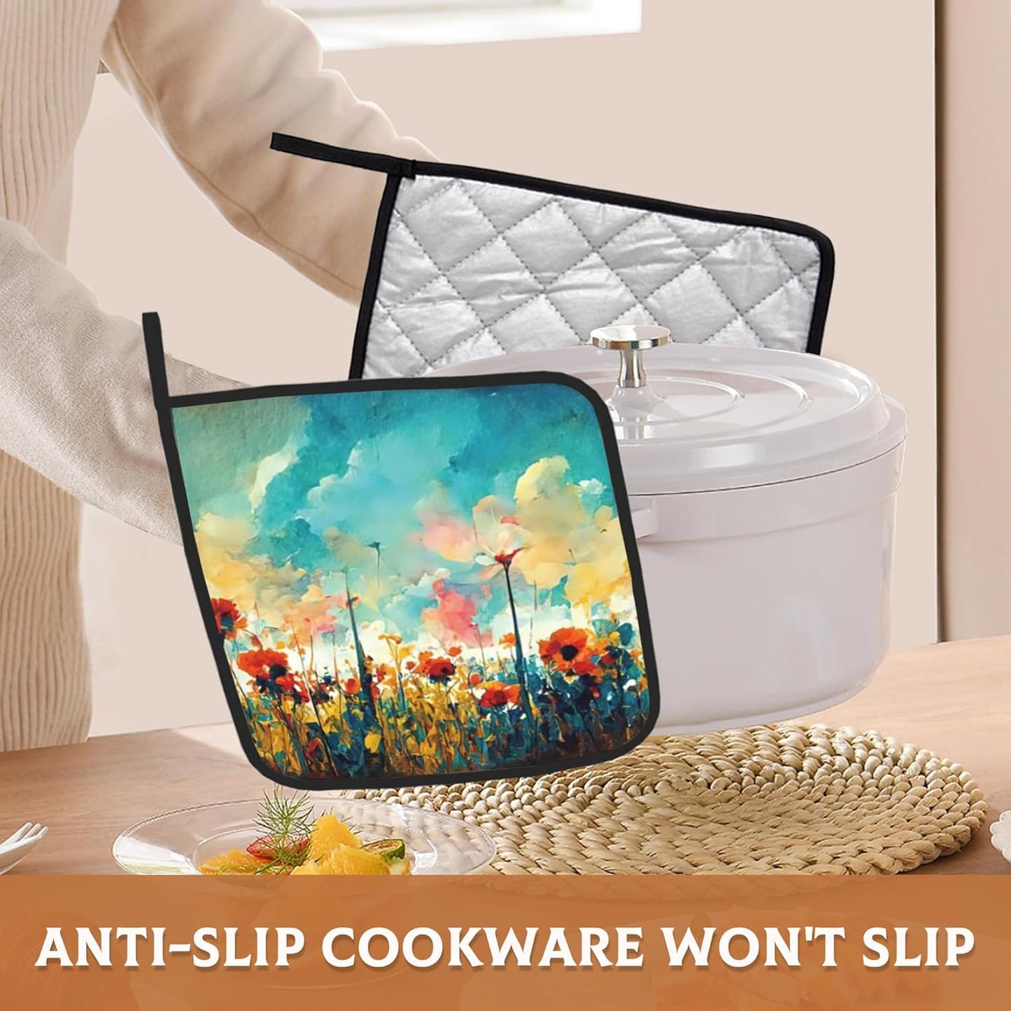 Abstract Red Poppy Flowers Pot Holders Set of 2, Kitchen Heat Resistant Potholder for Microwave Cooking Baking Oven End Dishes and BBQ