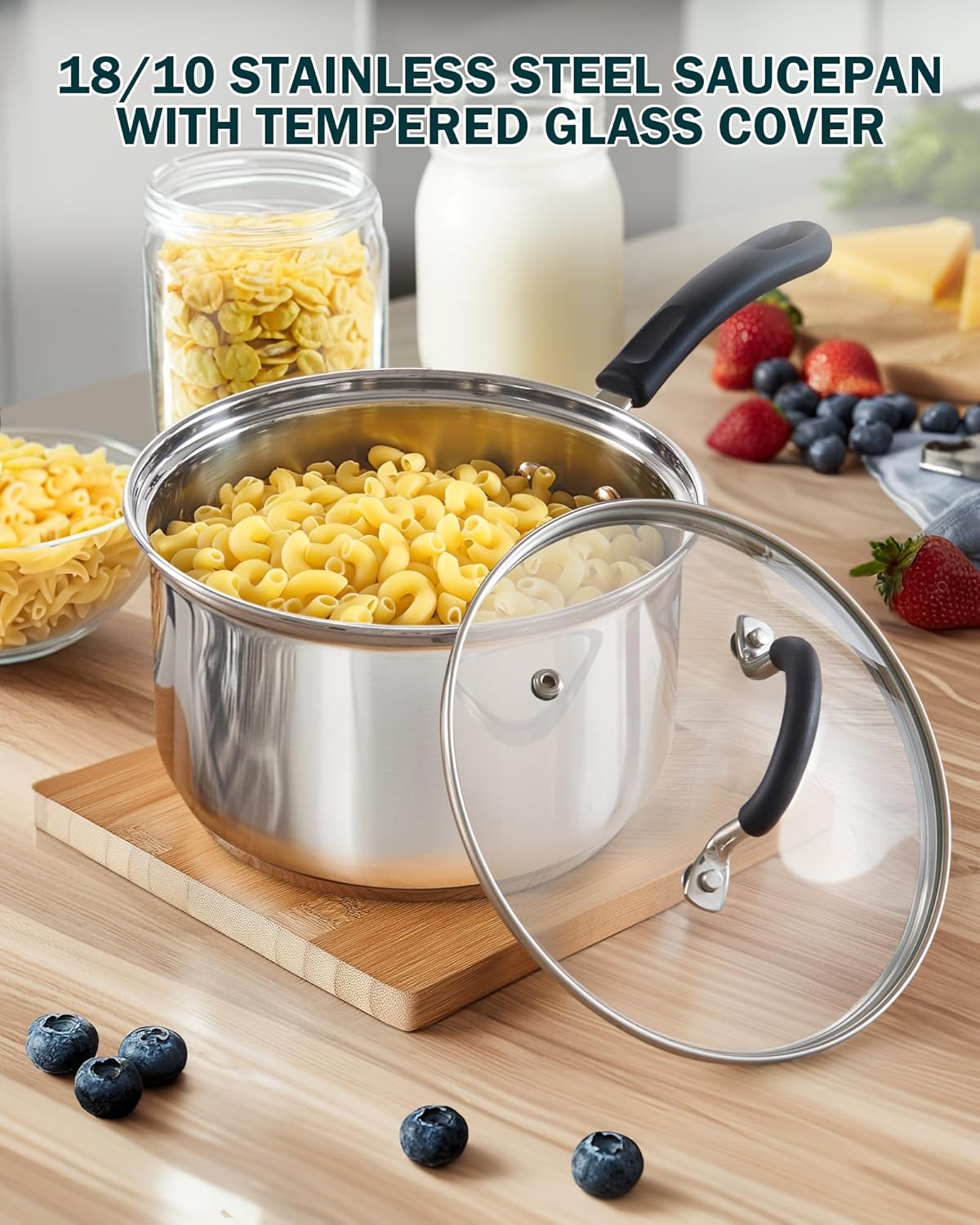 Cook N Home Saucepan Sauce Pot with Lid 3 Quart Stainless Steel, Stay Cool Handle, silver