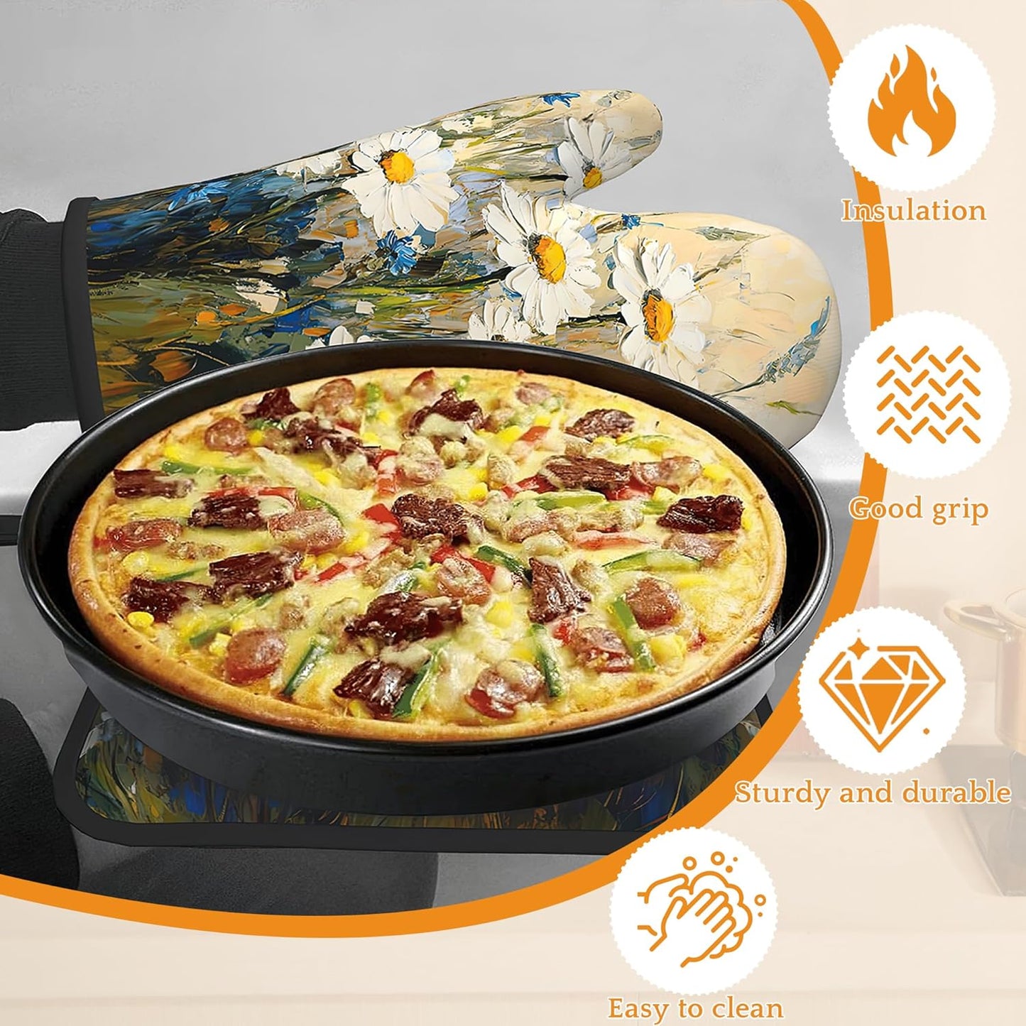 Vintage Daisy Flower Oven Mitts and Pot Holders,Heat Resistant Oven Mitts Gloves and Pot Holder for Home Kitchen Decorations Cooking Baking BBQ Gifts,Set of 4