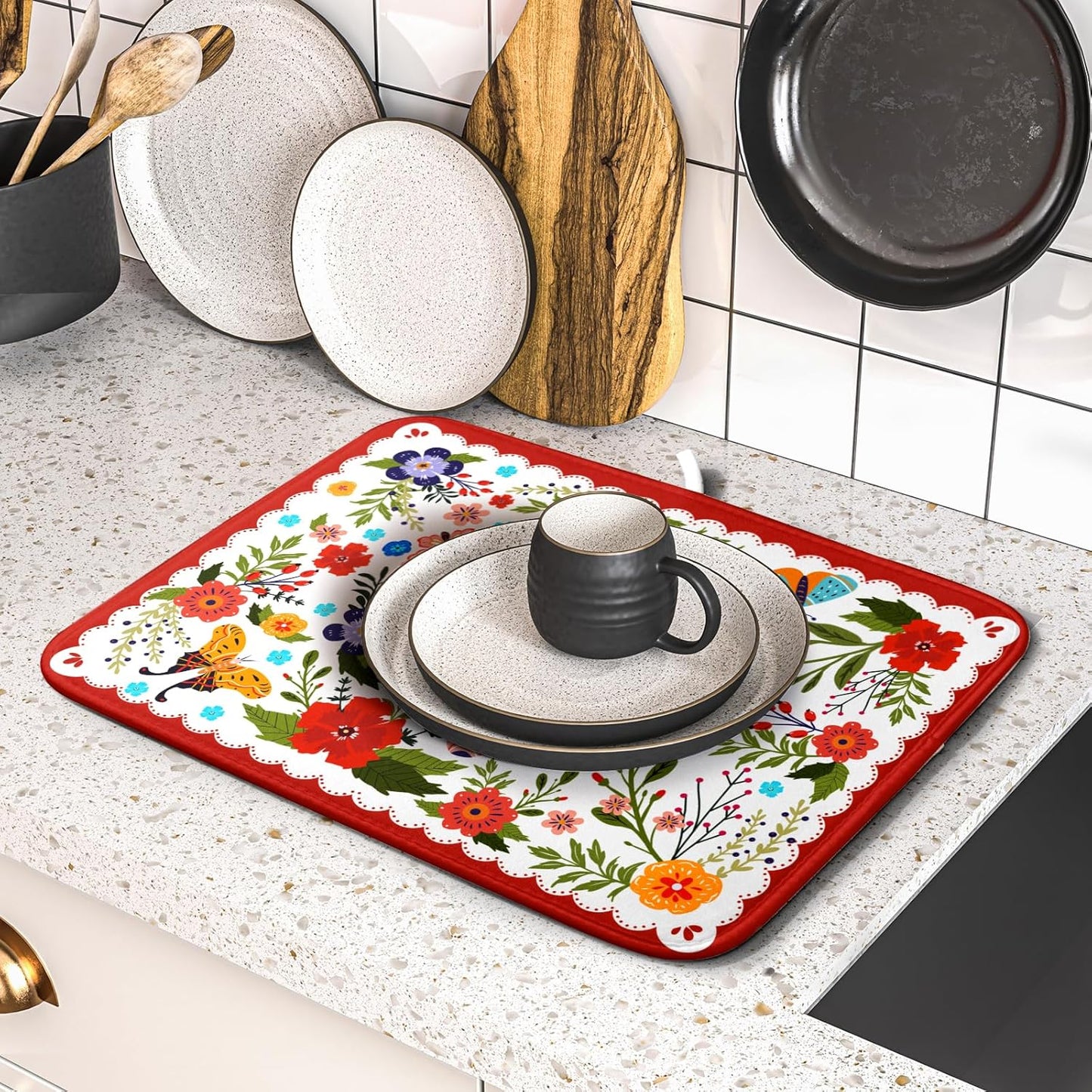Flowers Printed Dish Drying Mat Floral Coffee Mat for Kitchen Counter Small