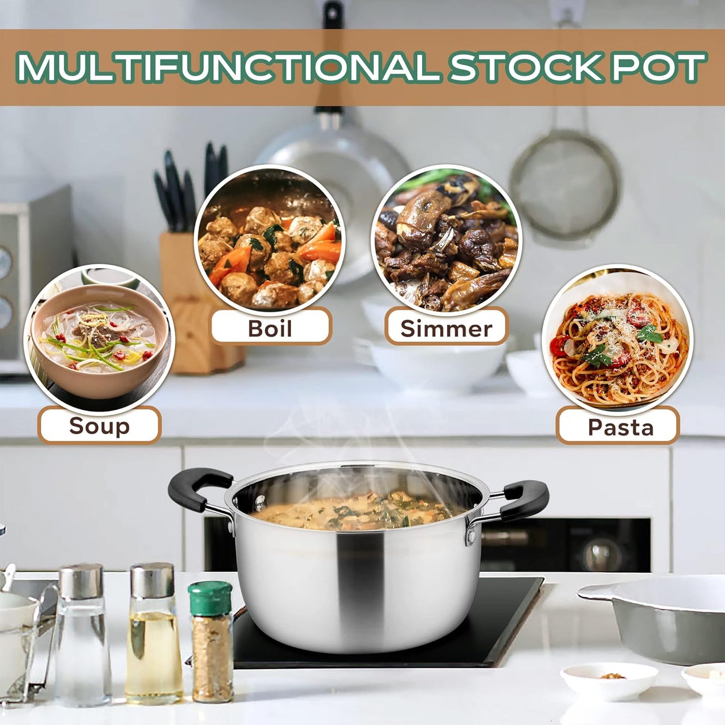 LIANYU 4QT Stock Pot, Stainless Steel Soup Pasta Pot with See-Through Lid, Heavy Duty Stockpot for Strew Simmer Boiling, Heat-proof Handle, Dishwasher Safe