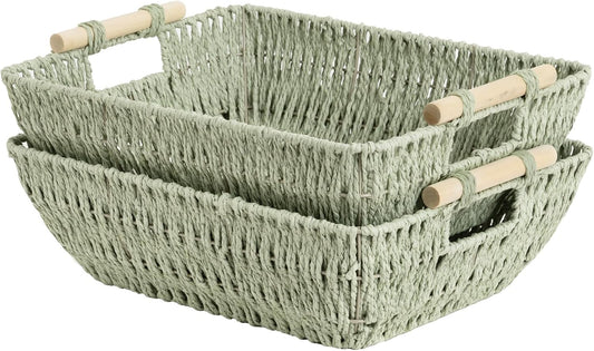 StorageWorks Extra Large Wicker Storage Basket for Organizing with Wooden Handles, Toilet Paper Baskets for Bathroom, Bosana Green, 2-Pack
