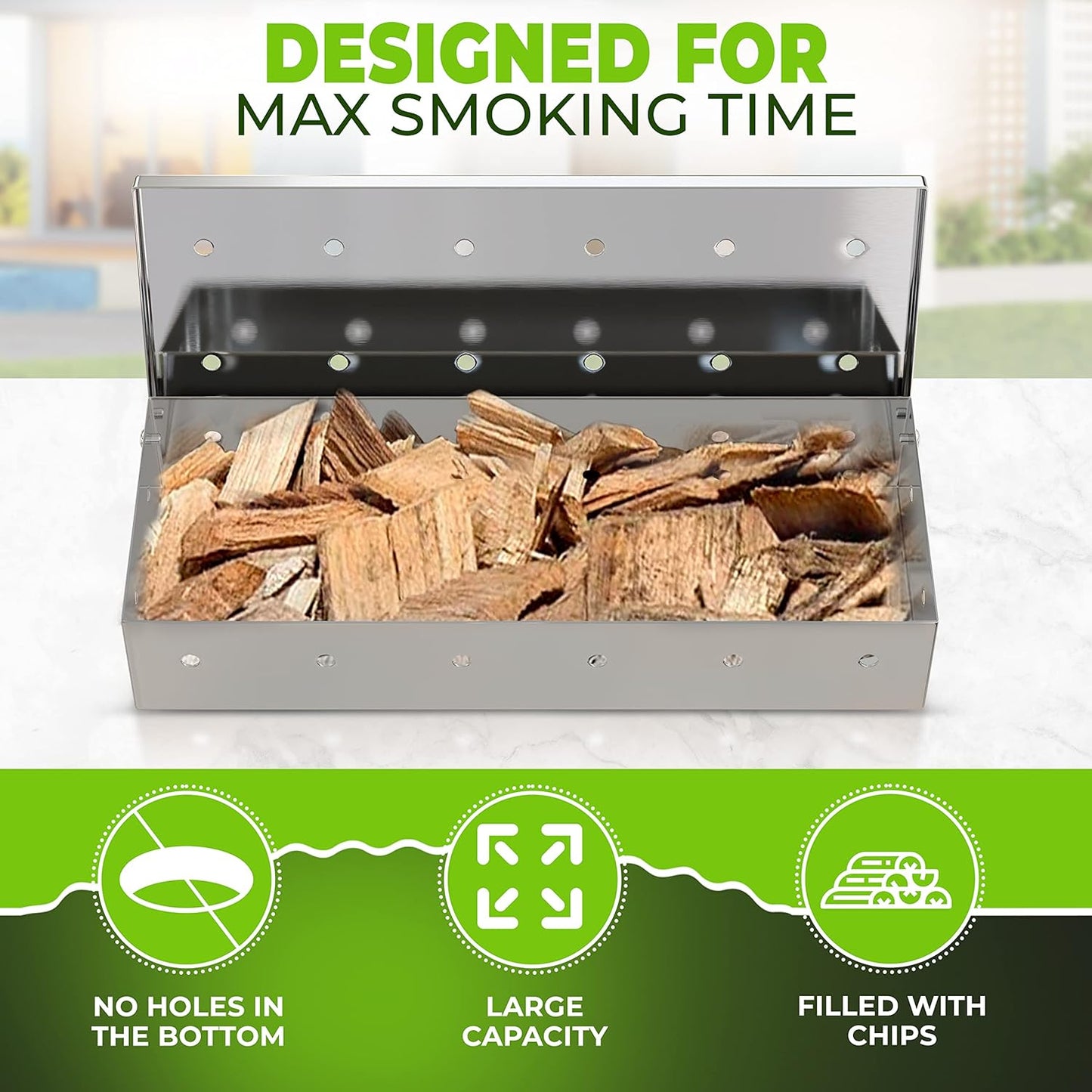 KITCHEN PERFECTION Smoker Box For Gas Grill - Bbq Wood Chip Smoker Box Pre-Filled with Apple Wood Chips -Adds Delicious Smokey Flavor on Propane & Pellet Grill